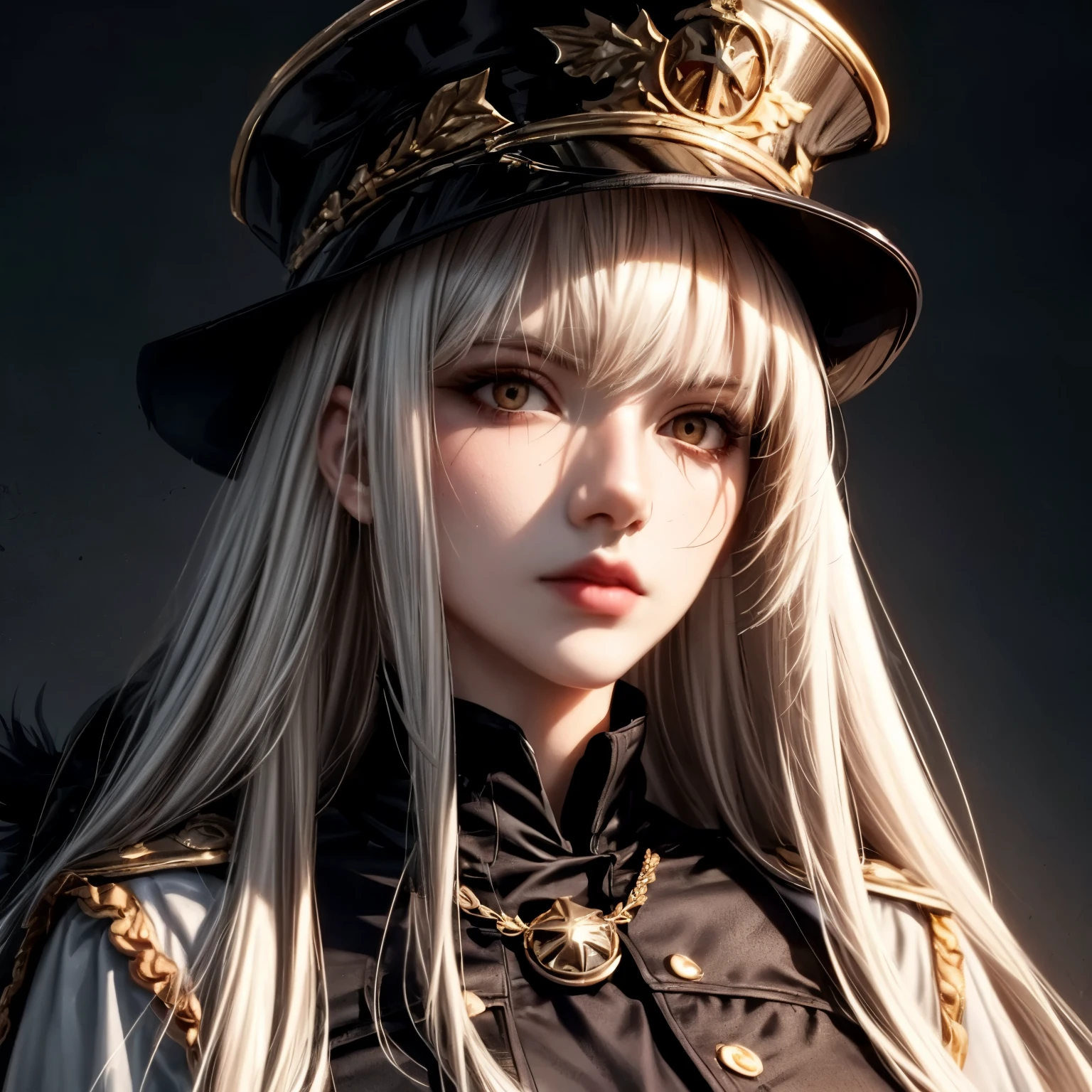 ((best quality)), ((Masterpiece)), ((Enrich the picture,Masterpiece level quality)), golden hair, Curtainbangs very big breasts, golden eyes, fierce woman, street fasion, eyes details, best quality, RAW 4K, Realistically, ( cinematic lighting, moody, textile shading), perfect proportions, ultra detailed, volumetric lighting, soft lighting, glossy skin, a woman wearing a black gothic style military uniform, black military hat with gold details, beautiful face, Special face details, black outfit, white coat, strong emotions, elegant gesture, flowing dress, Detailed facial features, Long eyelashes, contrast, great details, Incredible atmosphere, Gothic style, black and white plate, Fascinating setting, Haunting beauty,