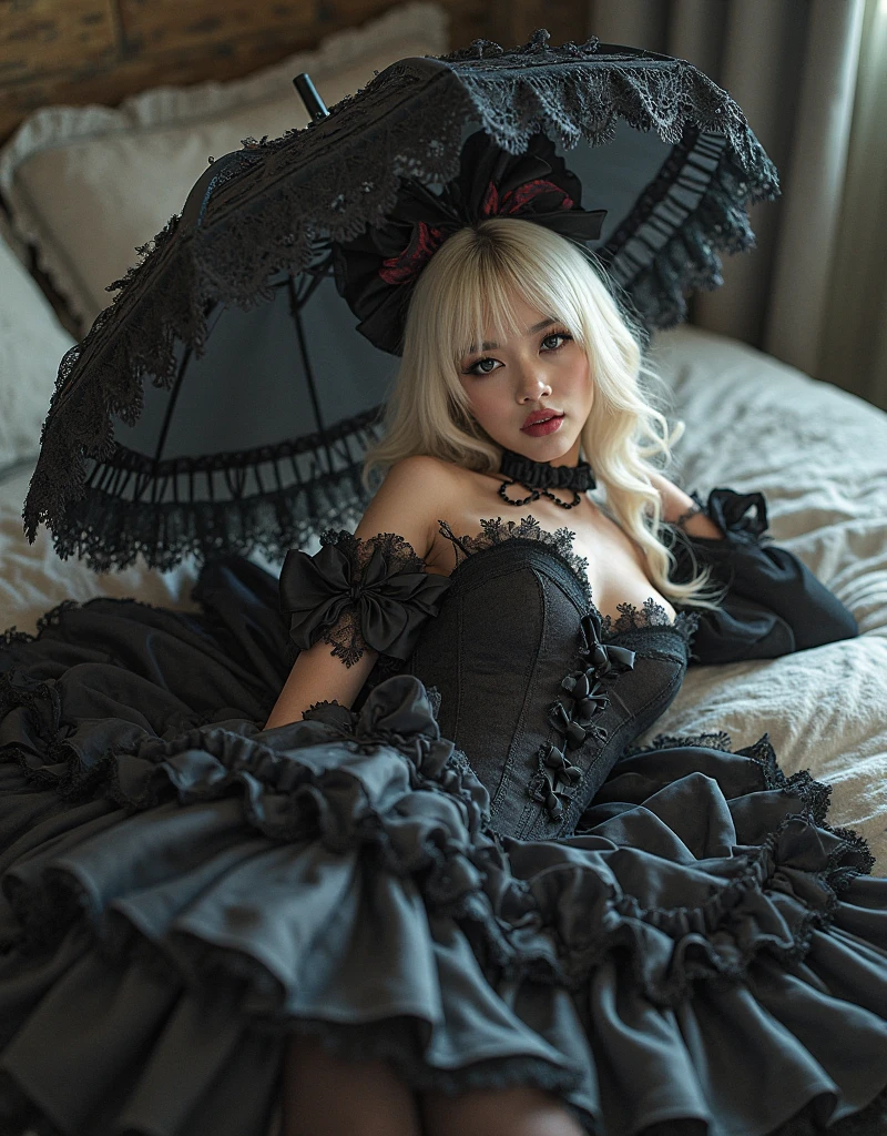 Masterpiece, RAW photo，high resolution，best quality，high definition, perfect composition, perfect face, perfect body, 16K，Cinematic lighting，Russian woman，1人，a blond，(two side up)，messy room，tongue out，gothic lolita，large breasts，navel，(claw pose)，