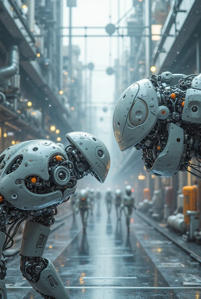 create an image of 2 robots looking at a dump full of paintings, plastic bottles, aluminum cans and debris