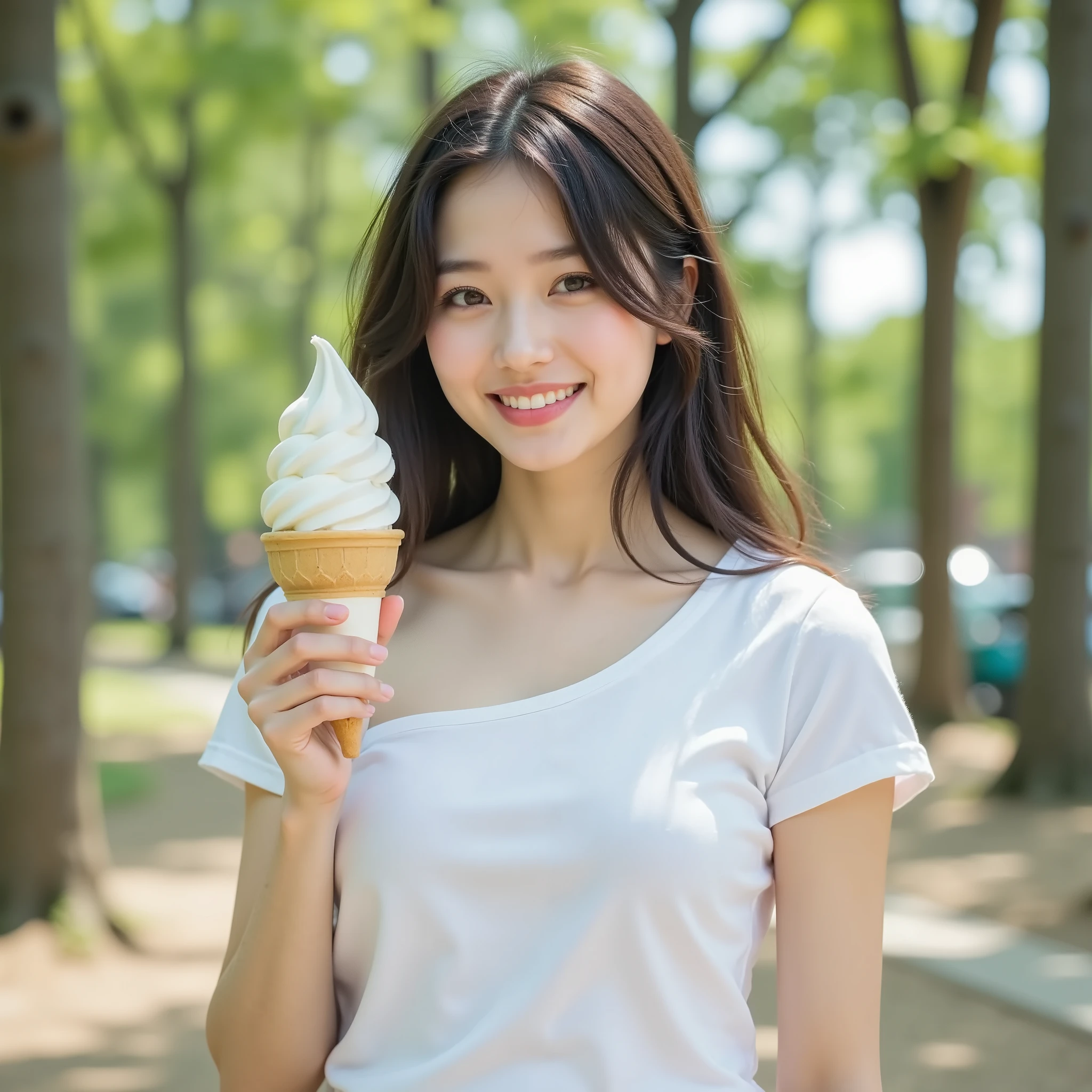 『1 Japanese Girl:1.3』『real photo:1.3』top quality:1.2、((big breasts))、the cleavage is slightly visible、((young 20 year old woman ))、『smiling showing teeth:1.9』、(((anatomically correct、perfect anatomy、anatomically correct指)))、Slender Body,realistic, top quality, Ultra High Resolution, RAW photo, (Curvy body)、full body,アイドルのような容姿とsmileテーブルトップ, top quality, one girl, , Nice face, smile,Summer sky,,((I'm licking soft serve ice cream with my tongue out slightly:1.5)), eat soft serve ice cream , White asymmetrical t-shirt ni,The background is a forest park,chest is visible