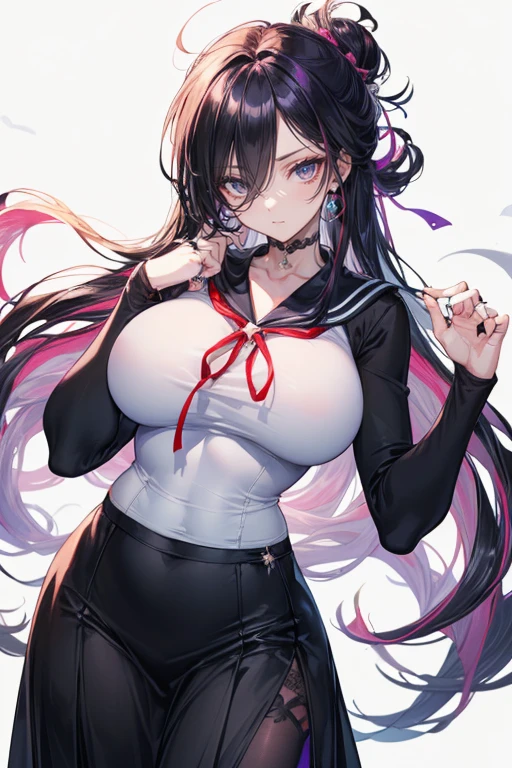 masterpiece,anime style,chibi,sexy girl,black hair,shoulder length hair with two pigtails,black jacket,with headphones,lo fi background,smiling,big breasts,listening to music,waiting on the right side of the image,showing cleavage,full body,standing,black t-shirt,perfect eyes,