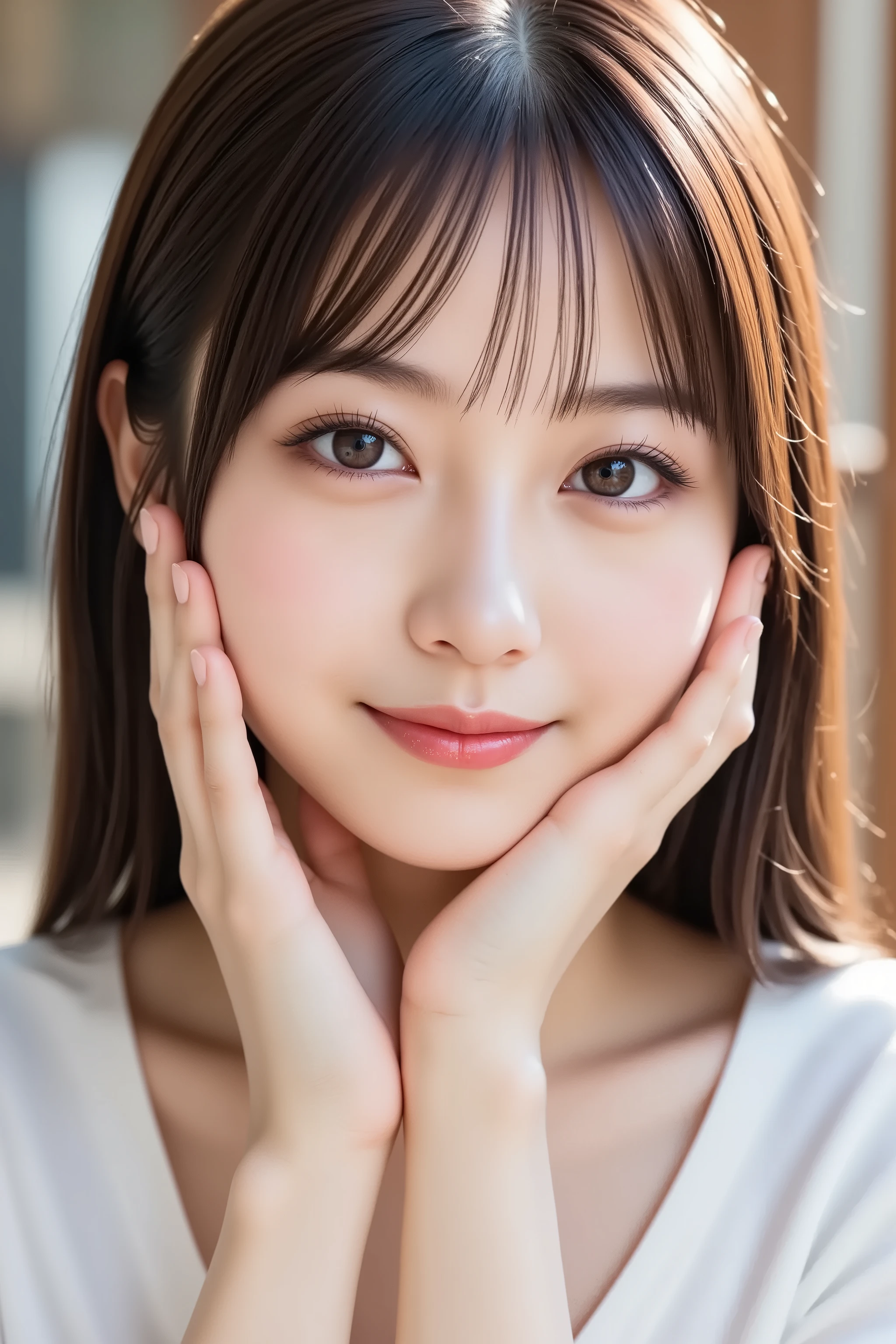 The face is positioned exactly in the center of the image , 's entire head is fully reflected , The entire face and head are clearly visible, bungs, smile, Young and cute Japanese faces , Hi-Res CG Unity 8K Wallpaper, in white for summer very detailed, Film Grain , White and Red Lens Flare Sparkle , top quality ,8k, viewer , masterpiece , top quality , in white for summer very detailed , cute , external background , in white for summer very detailedな , Detailed Features , beautiful , beautiful Japanese woman, Female 1