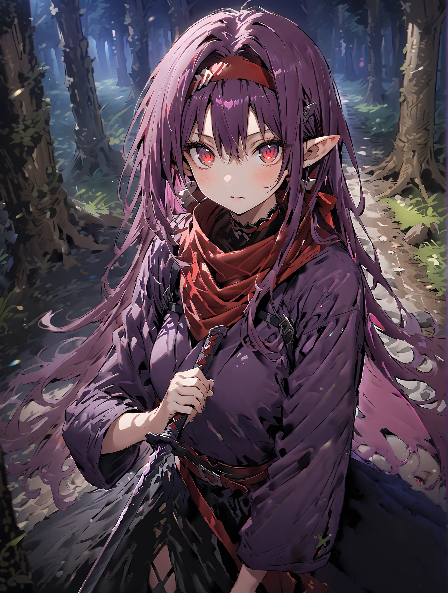 score_9, score_8_up, score_7_up, source_anime,
yuukiKonno, Konno Yuuki, Hairband, long hair, pointed ears, purple hair, stupid hair,Red Eyes,ponytail, Purple Kimono , purple speck , red scarf,boots,serious,
抜knife術の構え, viewers, holding, weapons, sword, holding weapons, holding sword, standing, knife, sheath, sheathed, combat posture,night,Trail,全身がillustration for both eyesに入るように,break outdoors,nature,forest,
break looking at viewer,
break (masterpiece:1.2), top quality, High Resolution, Unity 8K Wallpaper , (illustration for both eyes:0.8), (beautiful detailed eyes:1.6), has a very detailed face, perfect lighting, extremely detailed CG, (perfect hand, perfect anatomy),