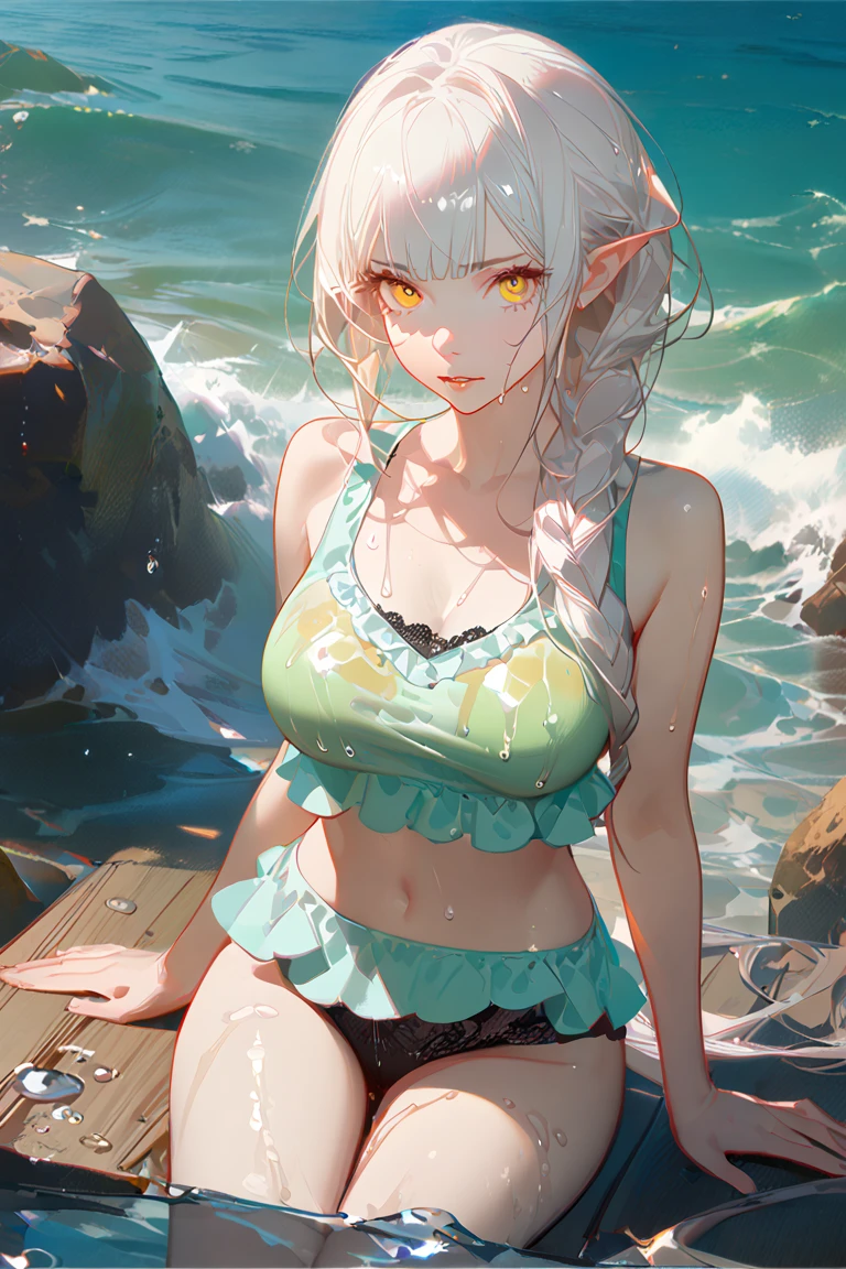 (Elf girl),(( short white hair with black hair streak),(((light shine red eyes))), warm light,( 16 years old),busty,Glamour,Gorgeous,monochromes,erotic posing,Dynamic Posing,Arrange Pose,Dramatic,Cinematic,Detailed background, Dynamic Angle,From the angle of the film,Gothic background, Dark fantastic view,Best Quality,masutepiece,8K,The ultimate detailed dark background, Top image quality、RAW photography、超A high resolution，cropped shoulders, overall look is very erotic、Shot for one person only, model shoot, Large round chest, Beautiful Eyes of Details、Very slender eyes、Beautiful eyelashes、Very slim physique, with blush cheeks,Pearl Beaded Bralet bralette of transparent glass, ((wet pearl glass top)), ((bra of clear glass)), wet glass wear, (nsfw),