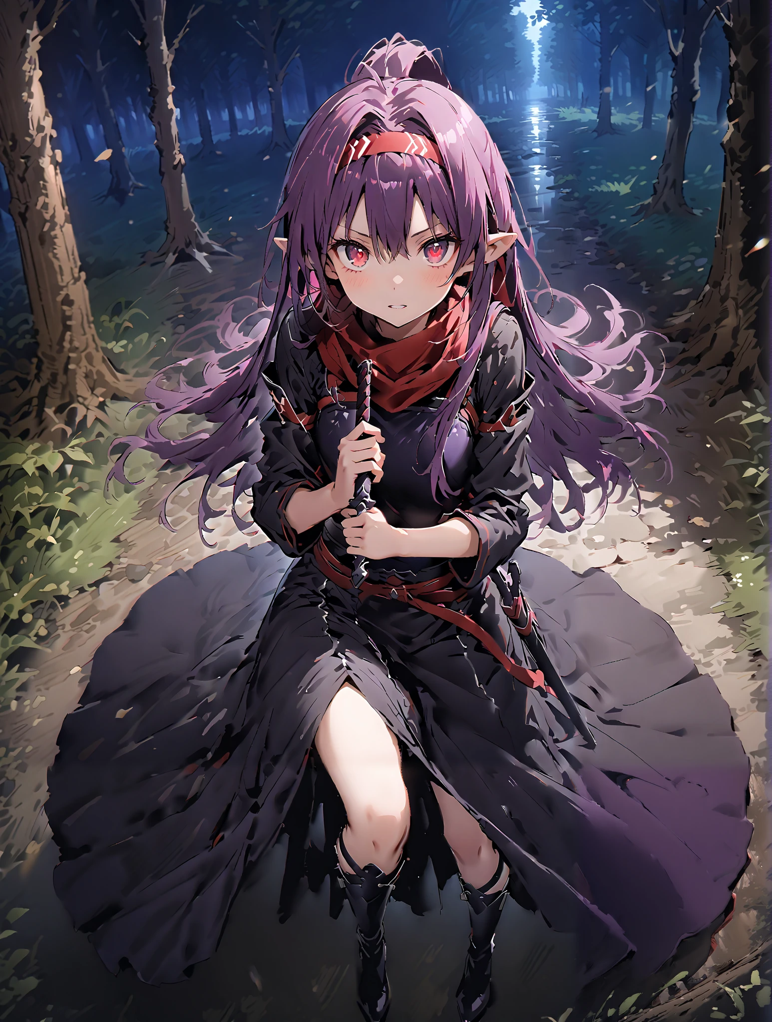 score_9, score_8_up, score_7_up, source_anime,
yuukiKonno, Konno Yuuki, Hairband, long hair, pointed ears, purple hair, stupid hair,Red Eyes,ponytail, Purple Kimono , purple speck , red scarf,boots,serious,
抜knife術の構え, viewers, holding, weapons, sword, holding weapons, holding sword, standing, knife, sheath, sheathed, combat posture,night,Trail,full bodyがillustration for both eyesに入るように,break outdoors,nature,forest,
break looking at viewer,full body,
break (masterpiece:1.2), top quality, High Resolution, Unity 8K Wallpaper , (illustration for both eyes:0.8), (beautiful detailed eyes:1.6), has a very detailed face, perfect lighting, extremely detailed CG, (PERFECT HAND, perfect anatomy),full body写真,