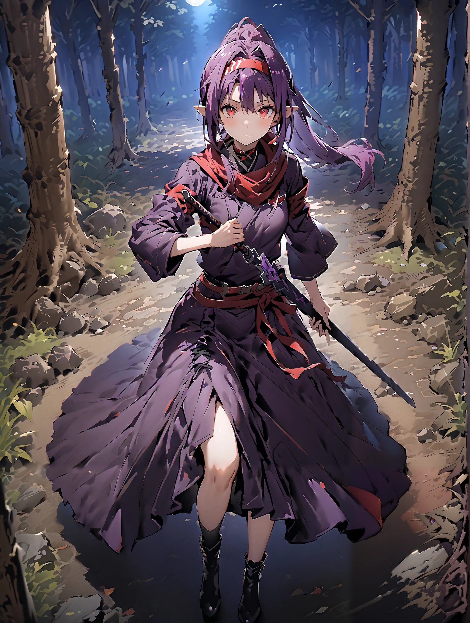 score_9, score_8_up, score_7_up, source_anime,
yuukiKonno, Konno Yuuki, Hairband, long hair, pointed ears, purple hair, stupid hair,Red Eyes,ponytail, Purple Kimono , purple speck , red scarf,boots,serious,
抜knife術の構え, viewers, holding, weapons, sword, holding weapons, holding sword, standing, knife, sheath, sheathed, combat posture,night,Trail,full bodyがillustration for both eyesに入るように,break outdoors,nature,forest,
break looking at viewer,full body,
break (masterpiece:1.2), top quality, High Resolution, Unity 8K Wallpaper , (illustration for both eyes:0.8), (beautiful detailed eyes:1.6), has a very detailed face, perfect lighting, extremely detailed CG, (PERFECT HAND, perfect anatomy),full body写真,