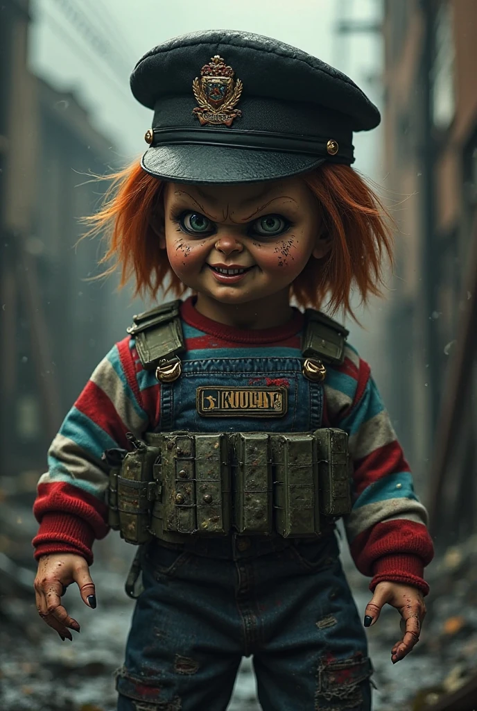 Chucky doll with orange Houston Astros cap, with his face all cut up and full of scars, smoking a joint and making a lot of smoke, with several cuban link chains around his neck holding an ak-47, orange background in the image