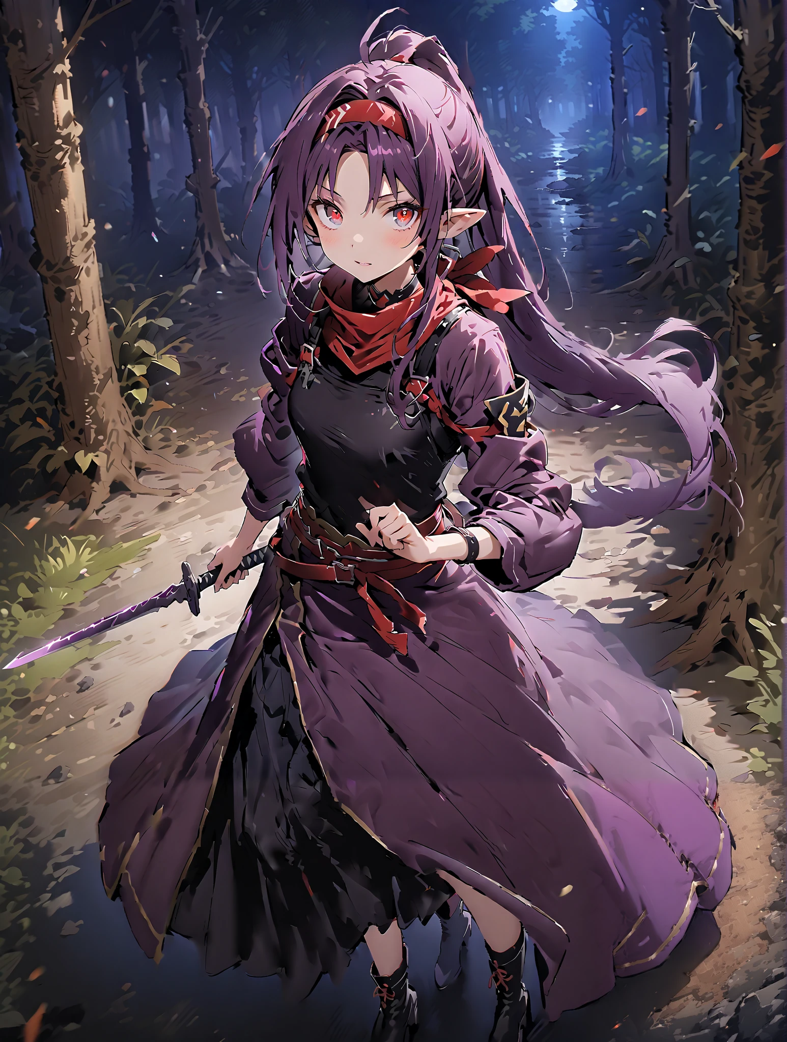 score_9, score_8_up, score_7_up, source_anime,
yuukiKonno, Konno Yuuki, Hairband, long hair, pointed ears, purple hair, stupid hair,Red Eyes,ponytail, Purple Kimono , purple speck , red scarf,boots,serious,
抜knife術の構え, viewers, holding, weapons, sword, holding weapons, holding sword, standing, knife, sheath, sheathed, combat posture,night,Trail,full bodyがillustration for both eyesに入るように,break outdoors,nature,forest,
break looking at viewer,full body,
break (masterpiece:1.2), top quality, High Resolution, Unity 8K Wallpaper , (illustration for both eyes:0.8), (beautiful detailed eyes:1.6), has a very detailed face, perfect lighting, extremely detailed CG, (PERFECT HAND, perfect anatomy),full body写真,