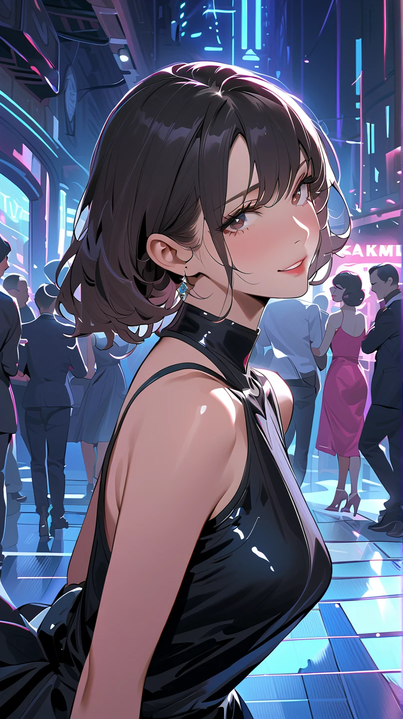 college woman; Strikingly attractive; Long, dark brown hair; blue eyes; Slender figure; smiling; standing in front of a crowded theater; best quality; soft blur background; trending on artstation; complex volumetric lighting; strong shadows; artistic lighting; dynamic; energetic vibe; realistic skin; specular highlights; micro-textures; highly detailed hair; contour drawing; wearing form-fitting modern stylish evening gown