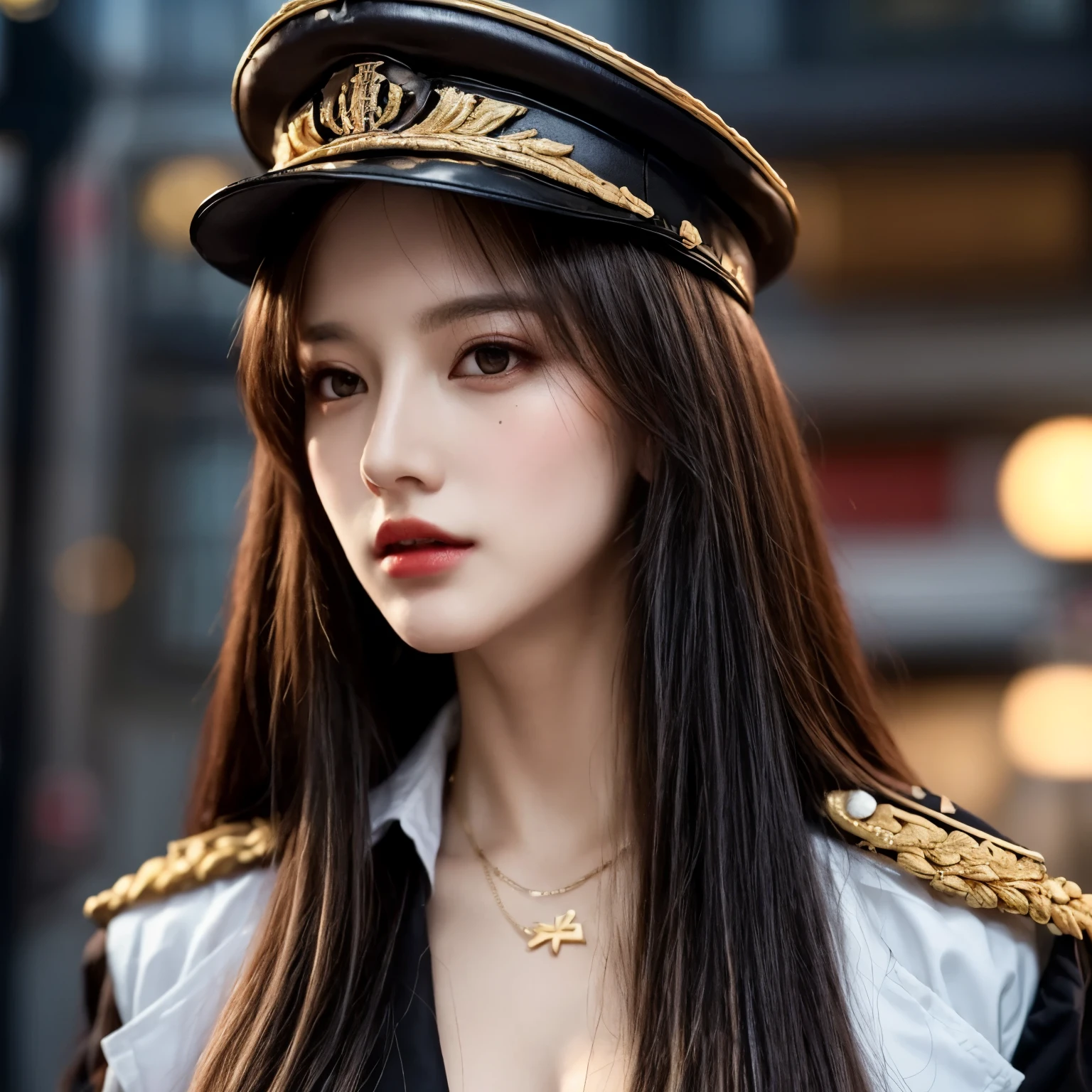 ((best quality)), ((Masterpiece)), ((Enrich the picture,Masterpiece level quality)), golden hair, Curtainbangs very big breasts, golden eyes, fierce woman, street fasion, eyes details, best quality, RAW 4K, Realistically, ( cinematic lighting, moody, textile shading), perfect proportions, ultra detailed, volumetric lighting, soft lighting, glossy skin, a woman wearing a black gothic style military uniform, black military hat with gold details, beautiful face, Special face details, black outfit, white coat, strong emotions, elegant gesture, flowing dress, Detailed facial features, Long eyelashes, contrast, great details, Incredible atmosphere, Gothic style, black and white plate, Fascinating setting, Haunting beauty,