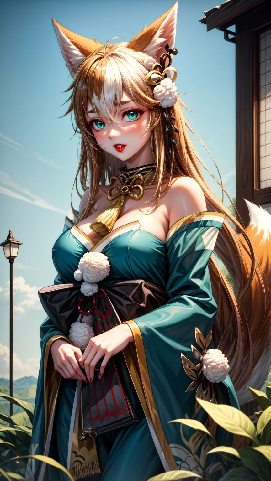 (A Divine Beast), Nine-Tailed Demon Fox, foxes ear, animal ears, animal tails, Dynamic Body Type, (Chinese Monster), Handsome, Splashed Ink, Chinese, 1girl, ((2.5D)), Floating Hair, Beautiful Eyes, Delicate Eyes, Delicate Silhouette, dynamic pose, casual posing, perfect body, perfect anatomy, detailed iris, sparkle eyes, star in eyes, enchanting blue eyes, red lips, sharp eyelashes, (multicolored eyes), (orange hair:1.3), (long hair:1.3), (hair between eyes), (hair over one eye:1.3), (floating hair:1.3), collarbone, Fantasy Art, (white and gold Antique Brocade kimono), long fluffy sleeves, FOV, (Masterpiece), Frontal Shot, White Background, (Movie Poster), Sharp, Splash, Cloud, Petals, Empty, Sky, (Wide Angle Lens), Vista