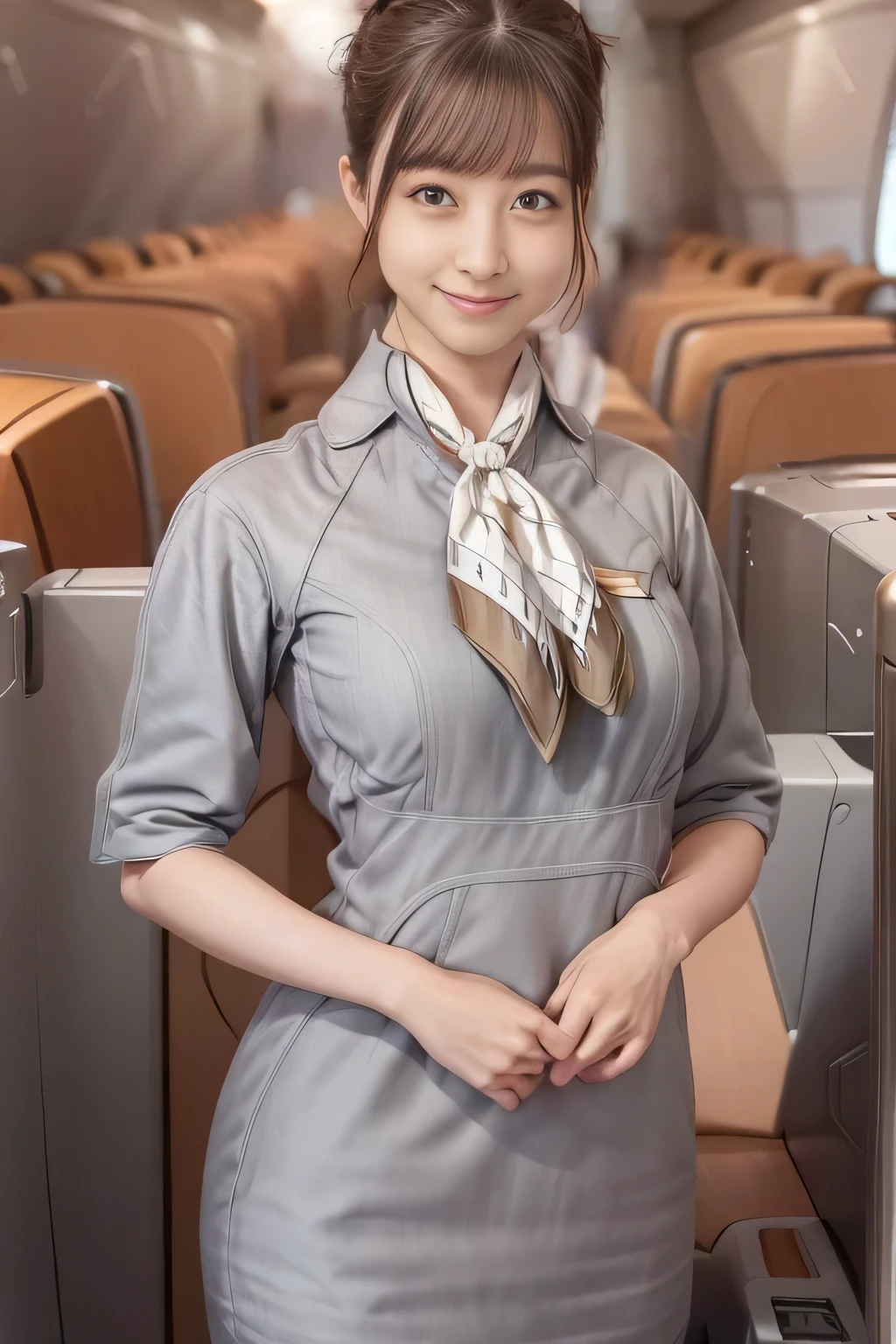 (masterpiece:1.2, best quality:1.2), 32kHDR, High Resolution, (alone、1 girl)、(Starlux Flight Attendant Uniforms)、 (At the airport counter, professional lighting)、A proper woman, beautiful face,、(Starlux Flight Attendant Uniforms Short Sleeve)、(Starlux Flight Attendant Uniforms)、(Scarf on chest)、Big Breasts、(long hair、hair bun)、dark brown hair、 long hit 、(( amazing hands:2.0)),((A harmonious body shape:1.5)),((Normal limbs:2.0)),((Usually refers to:2.0)),((Normal eyes:2.0)))、Beautiful position、earrings、smile、Hands crossed underneath