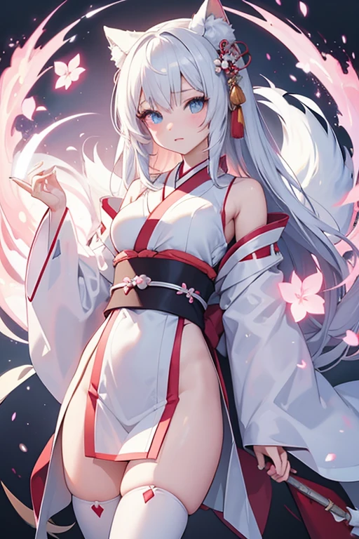 a woman with long white hair wearing a kimono and having shining white eyes.