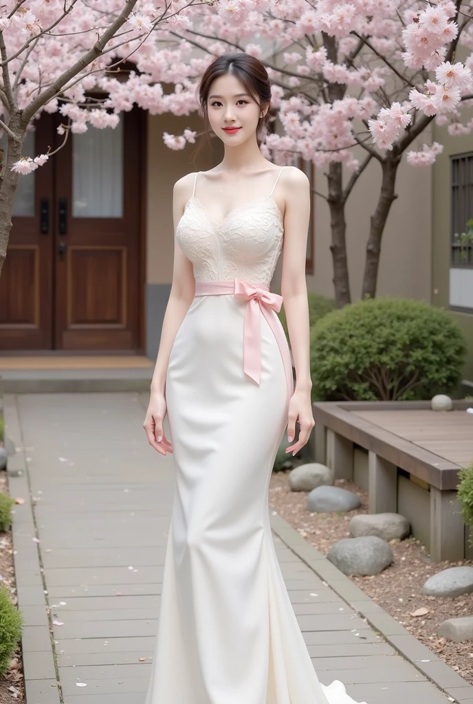 a woman standing elegantly in an outdoor setting adorned with cherry blossoms. She is wearing a fitted, ivory-colored gown featuring delicate floral lace details on the bodice and a soft pink bow around her waist. The dress has thin straps and flows gracefully down to the ground. The background includes a traditional wooden building, a small garden with stones, and a wooden walkway, enhancing the serene and romantic ambiance of the scene.
