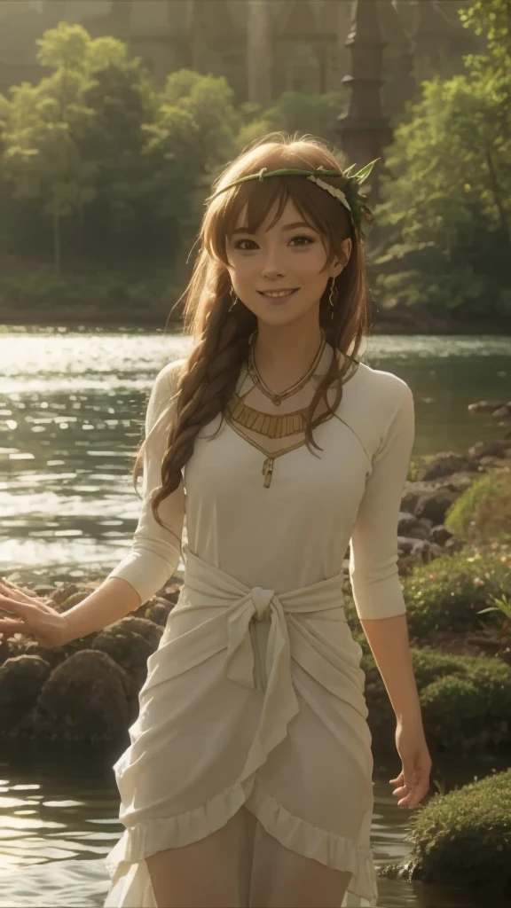 (8k, RAW photo, best quality, masterpiece), (photo realistic), outstanding details, ultra-high resolution, anatomically correct, textured skin, 

(cowboy shot:1.4),  
1 cute japanese woman, 30 years old, (walking pose:1.4),

(medium breasts:1.4), (Plump arms:1.6), (Plump hips:0.1),

(happy smile:1.2), (Mouth slightly open), looking at viewer, 
(Downturned Eyes:1.6), pupils sparkling, Cute and small duck mouth, small and cute nose, thin lips, thin eyebrows, 

dark brown hair, (very short low ponytail:1.6), (very short hair:1.6), swept bangs, 

wearing elegant summer dress, 
Necklace around the neck, beautiful Earrings, 

(background Beautiful big waterfall), 
atmospheric perspective, depth of field, 
(backlighting), 
reflection light from below, 
(dramatic lighting), cinematic lighting,  dreamy atmosphere, animated expression,