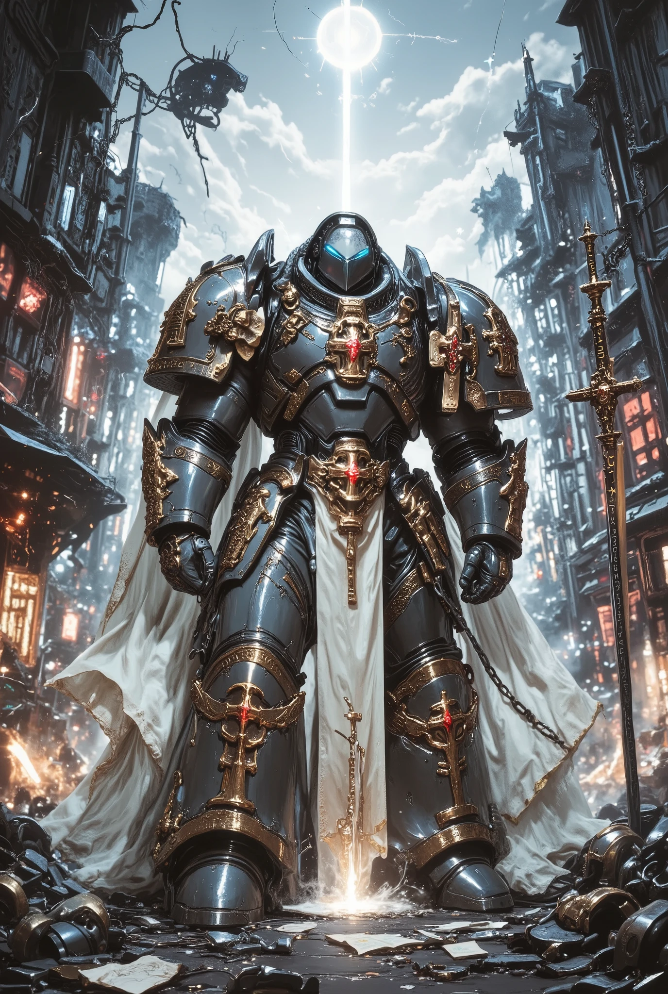 Ultra detail, hyper-detailed illustrator art, 4k sharpeness masterpiece religious nouveau style art, Epic herotic fresco. The hyper detail, armed supperhero, the astartes Spiderman with metallic, Strengthen Warhammer 40k space marine inspired power armor, the white cloak, the face mask, golden spider emblem on chest, detail decoration chain sword. standing on the street in chaos dystopian city background at dawn. His helmet is marked with runes, chain sword hangs on hand, glowing faintly with enchanted, golden runes. detail background, straight on angle shot, Full body shot, closed-up, ultra-realistic 32k resolution, official art styled digital painting, intricate armor engravings catching realistic lighting, film grain texture overlay, reversal film effect, high quality, detailed realistic background with scattered futuristic debris, shadowed craters, misty atmosphere, cinematic.