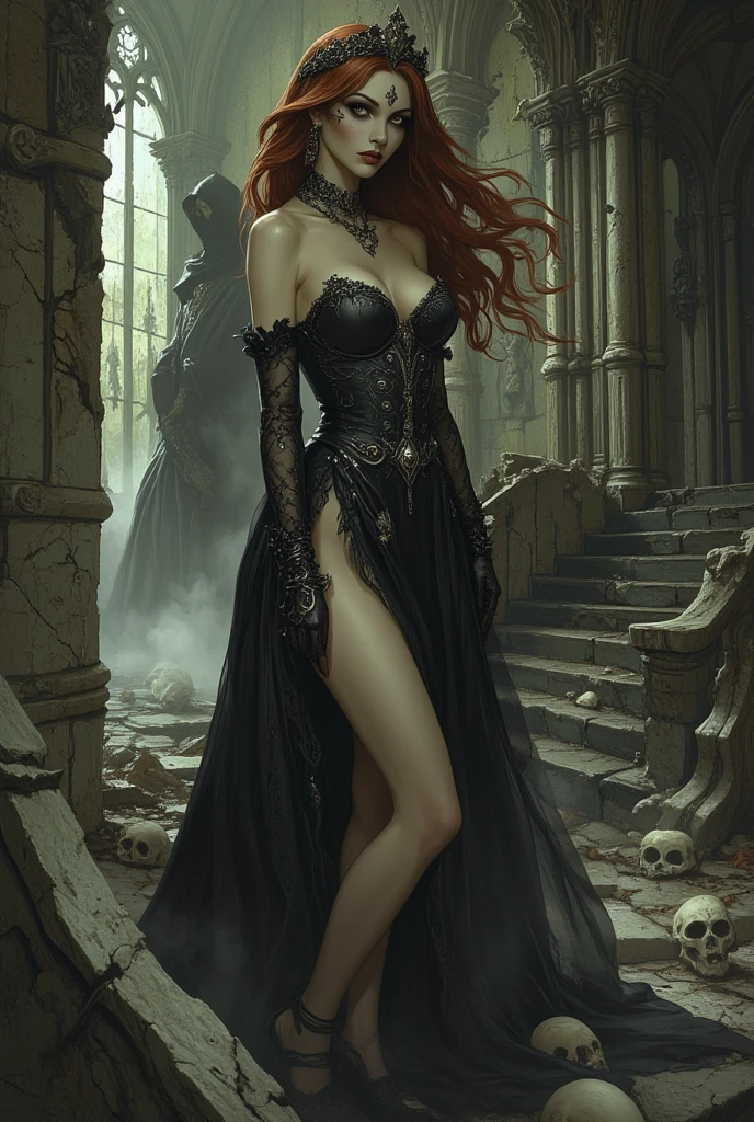 (best quality,4k,8k,highres,masterpiece:1.2),ultra-detailed,(realistic,photorealistic,photo-realistic:1.37),(Emma Watson) cruel and beautiful queen of the underworld, burning city, laughing queen, dark and gloomy atmosphere, intense flames, crumbling buildings, terrified citizens, twisted and eerie shadows, billowing smoke, sparkling embers, ash-filled sky, shattered glass, hauntingly beautiful queen, fiery red hair flowing in the wind, piercing, icy blue eyes, delicate yet menacing smile, regal black gown flowing around her, flickering firelight casting dramatic shadows, eerie silence broken by the queen's echoing laughter, the queen stands tall and proud amidst the chaos, embodiment of power and destruction, gritty and realistic art style, vibrant and contrasting color palette with deep reds and dark shades, ethereal lighting illuminating the queen's face, a sense of both awe and fear in the air.
