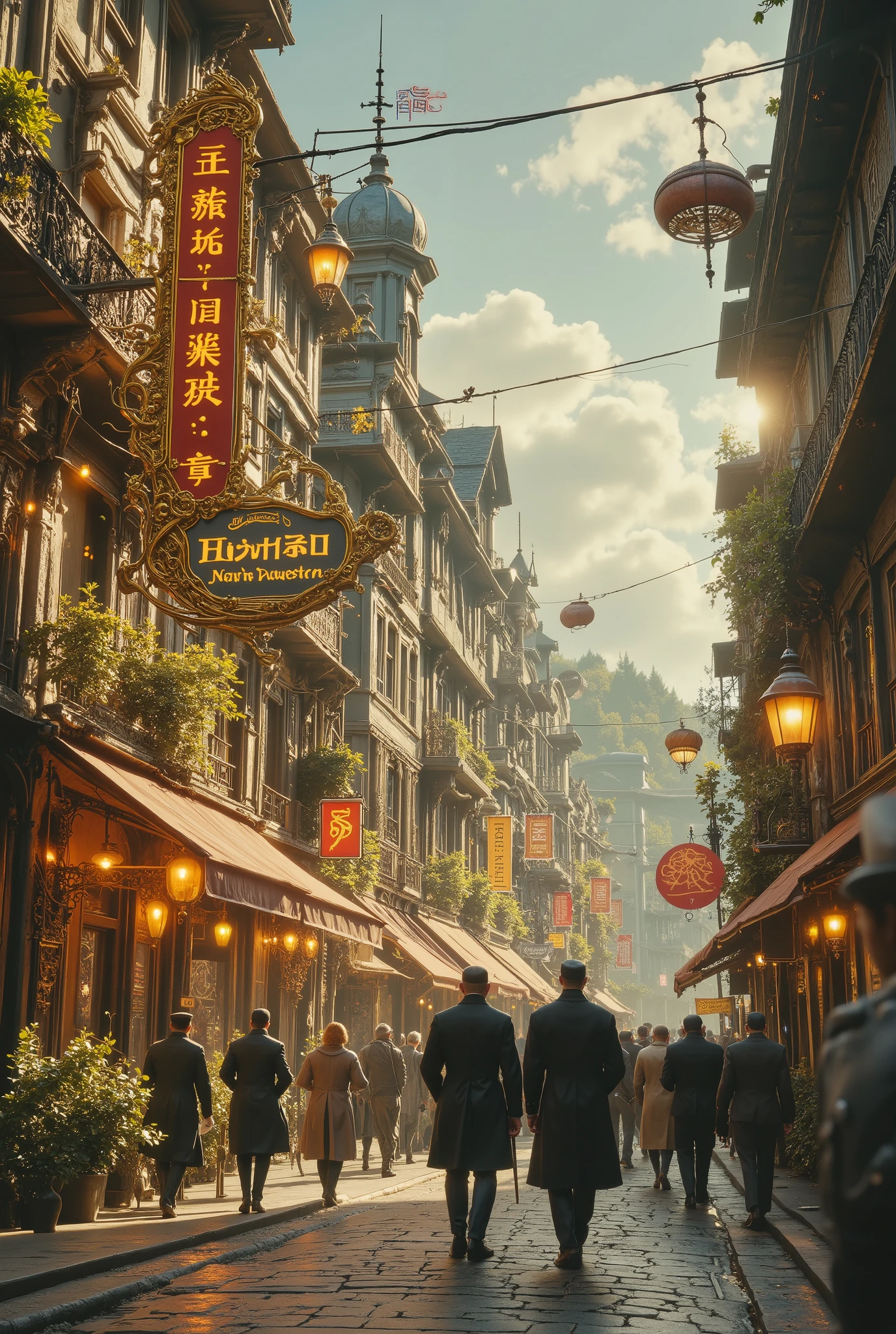 Golden runes and cybernectic line decorate, Grimmdark, darktale, machanical. The Victorian Age steampunk style architecture, prosperity street with sea view, looking to the horizon sea, the Hotel sign on the street, Hotel sign:"Navy House", couple of Navy officer enter the hotel.(Ultra-realistic, 32k, Masterpiece, High Quality, Detailed Realistic Background, Official Art, Realistic Lighting, filmfotos, film grain, reversal film photography)