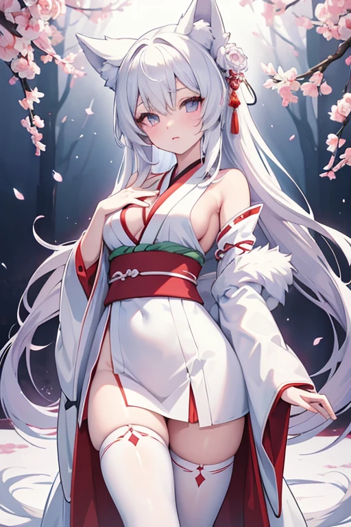 White hair, anime, shoujo, shrine, white cat ears, red witch costume, snow, red umbrella, red eyes, snow, white stockings