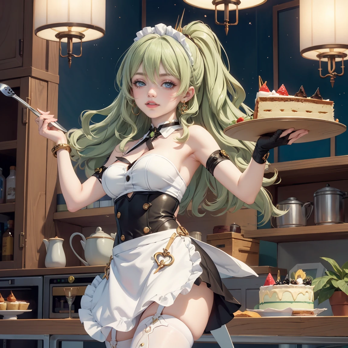 Mobius_(honkai impact 3d), bakery, holding a pastry brush, bakery utensils, cooking a cake, ornament hair, perfectly body, perfectly hands, wave hair, light green hair, long hair, maid, maid dress, maid headdress, maid apron, stand up close to the window, kitchen, kitchen scenery, gold lantern, black dress, more details on her clothes, black dress, golden details, night, smiling, coat, ((4k, masterpiece, top-quality)),8k, best quality, high resolution, HD, (illustration:0.8), super cute girl, delicate and beautiful face, 1girl, solo, mature girl, super cute hairstyle, (beautiful detailed eyes:1.6), extremely detailed face, perfect lighting, extremely detailed CG, (perfect hands, perfect anatomy), Best quality, cleavage, skirt, full Body,