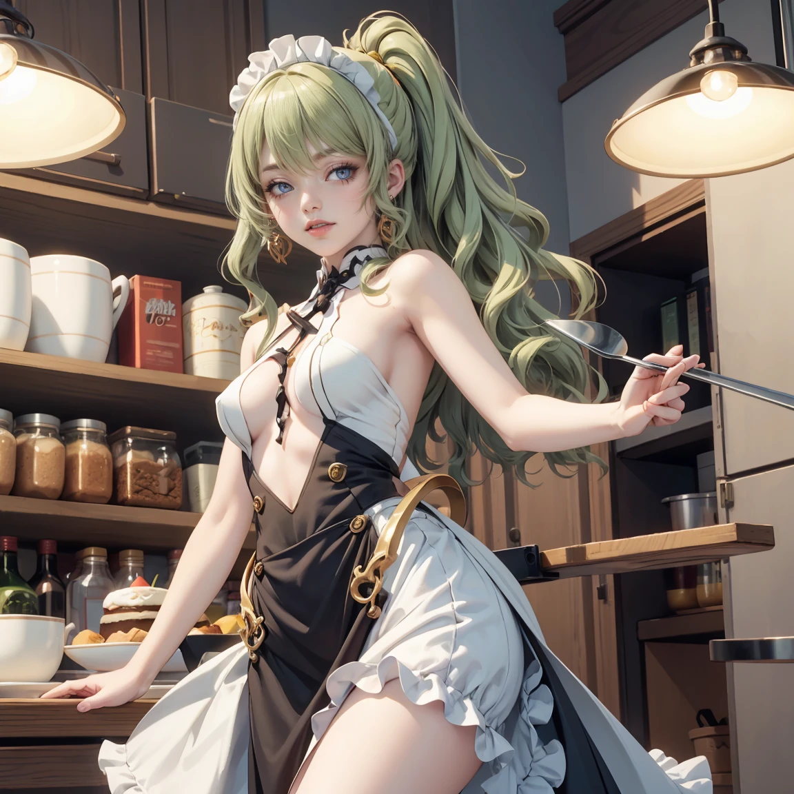 Mobius_(honkai impact 3d), bakery, holding a pastry brush, bakery utensils, cooking a cake, ornament hair, a snake girl, perfectly body, perfectly hands, wave hair, light green hair, long hair, maid, maid dress, maid headdress, maid apron, stand up close to the window, kitchen, kitchen scenery, gold lantern, black dress, skirt, more details on her clothes, black dress, golden details, night, smiling, coat, ((4k, masterpiece, top-quality)),8k, best quality, high resolution, HD, (illustration:0.8), super cute girl, delicate and beautiful face, 1girl, solo, mature girl, super cute hairstyle, (beautiful detailed eyes:1.6), extremely detailed face, perfect lighting, extremely detailed CG, (perfect hands, perfect anatomy), Best quality, cleavage, skirt, full Body, two legs, two arms, two hands, five fingers