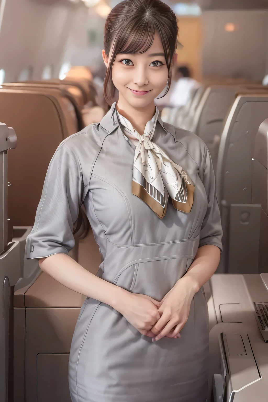 (masterpiece:1.2, best quality:1.2), 32kHDR, High Resolution, (alone、1 girl)、(Starlux Flight Attendant Uniforms)、 (At the airport counter, professional lighting)、A proper woman, beautiful face,、(Starlux Flight Attendant Uniforms Short Sleeve)、(Starlux Flight Attendant Uniforms)、(Scarf on chest)、Big Breasts、(long hair、hair bun)、dark brown hair、 long hit 、(( amazing hands:2.0)),((A harmonious body shape:1.5)),((Normal limbs:2.0)),((Usually refers to:2.0)),((Normal eyes:2.0)))、Beautiful position、earrings、smile、Hands crossed underneath