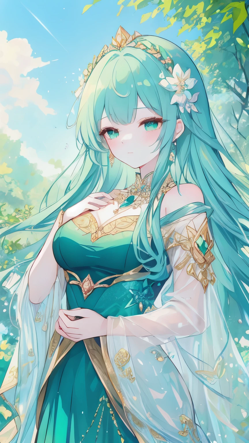 Masterpiece, Best Quality, Top Quality, Very Detailed, A mesmerizing anime-style illustration of a nature-themed princess in an enchanted garden. She has flowing teal hair adorned with elegant emerald and gold accessories, resembling delicate leaves and gemstones. Her eyes shimmer like precious jewels, reflecting the sunlight filtering through the lush greenery. She wears an intricate gown in shades of blue and green, featuring floral patterns, gold accents, and gemstone embellishments that enhance her ethereal beauty. Soft petals and butterflies float around her as she gently touches her forehead in a thoughtful pose. The background is filled with cascading vines, blooming flowers, and a sunlit sky, creating a dreamlike, serene atmosphere.