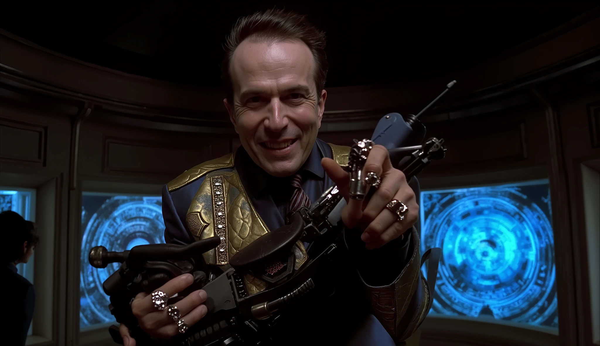 A sinister businessman with slicked-back hair (Zorg) smirks as he demonstrates a high-tech, multi-functional alien weapon. He wears an asymmetrical black-and-gold suit, his fingers covered in extravagant rings. The room is dimly lit, with holographic screens casting an eerie blue glow. The atmosphere is sleek, corporate, and deadly. Shot with dramatic contrast and a retro-futuristic aesthetic