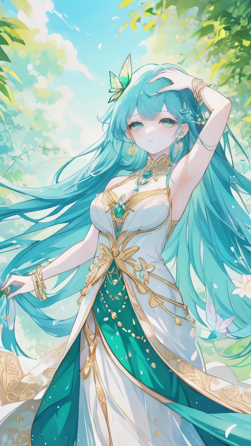 Masterpiece, Best Quality, Top Quality, Very Detailed, A mesmerizing anime-style illustration of a nature-themed princess in an enchanted garden. She has flowing teal hair adorned with elegant emerald and gold accessories, resembling delicate leaves and gemstones. Her eyes shimmer like precious jewels, reflecting the sunlight filtering through the lush greenery. She wears an intricate gown in shades of blue and green, featuring floral patterns, gold accents, and gemstone embellishments that enhance her ethereal beauty. Soft petals and butterflies float around her as she gently touches her forehead in a thoughtful pose. The background is filled with cascading vines, blooming flowers, and a sunlit sky, creating a dreamlike, serene atmosphere.