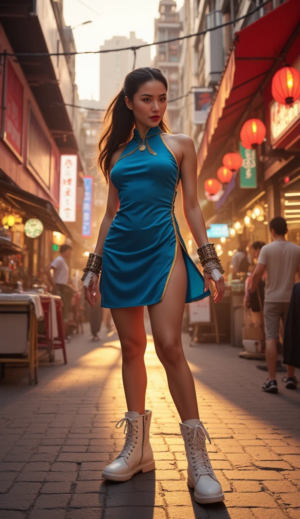 highly realistic and detailed depiction of Chun-Li from *Street Fighter* in a modern, urban setting. She should be in her iconic blue qipao with golden accents, white combat boots, and spiked bracelets. Chun-Li is standing confidently in a bustling street market in Hong Kong, surrounded by vibrant neon signs, food stalls, and traditional lanterns. The scene is illuminated by the warm glow of sunset, casting long shadows and highlighting the textures of her outfit and the environment. Capture her dynamic pose mid-action, as if she’s about to execute a powerful kick, with her hair flowing in motion. The background should include subtle nods to her backstory, such as a Wushu training poster or a framed photo of her father. The art style should be hyper-realistic, with intricate details in her facial expression, fabric folds, and the bustling atmosphere of the market
