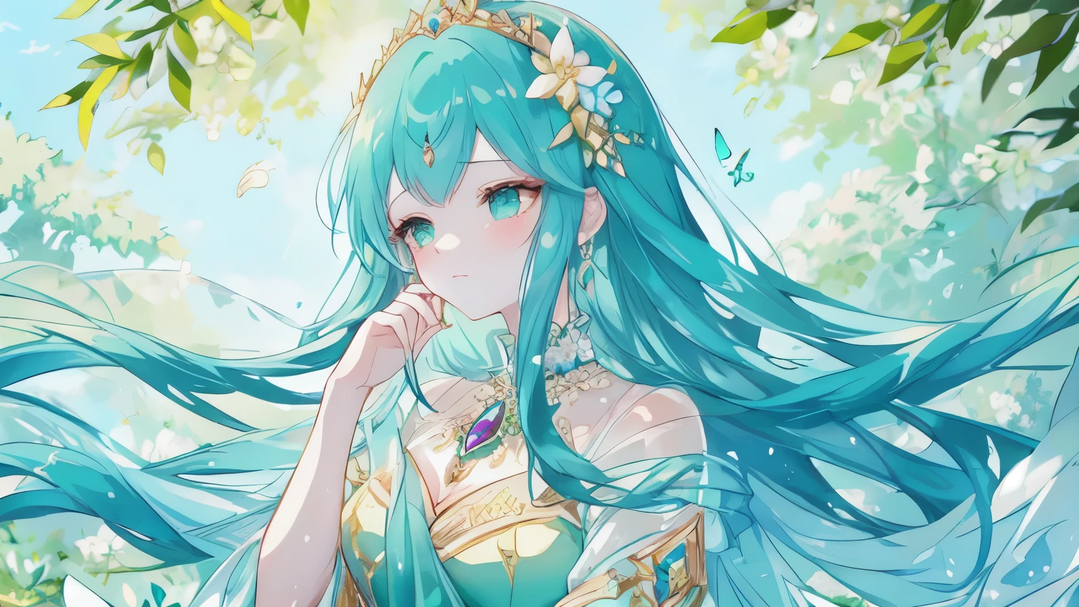 Masterpiece, Best Quality, Top Quality, Very Detailed, A mesmerizing anime-style illustration of a nature-themed princess in an enchanted garden. She has flowing teal hair adorned with elegant emerald and gold accessories, resembling delicate leaves and gemstones. Her eyes shimmer like precious jewels, reflecting the sunlight filtering through the lush greenery. She wears an intricate gown in shades of blue and green, featuring floral patterns, gold accents, and gemstone embellishments that enhance her ethereal beauty. Soft petals and butterflies float around her as she gently touches her forehead in a thoughtful pose. The background is filled with cascading vines, blooming flowers, and a sunlit sky, creating a dreamlike, serene atmosphere.