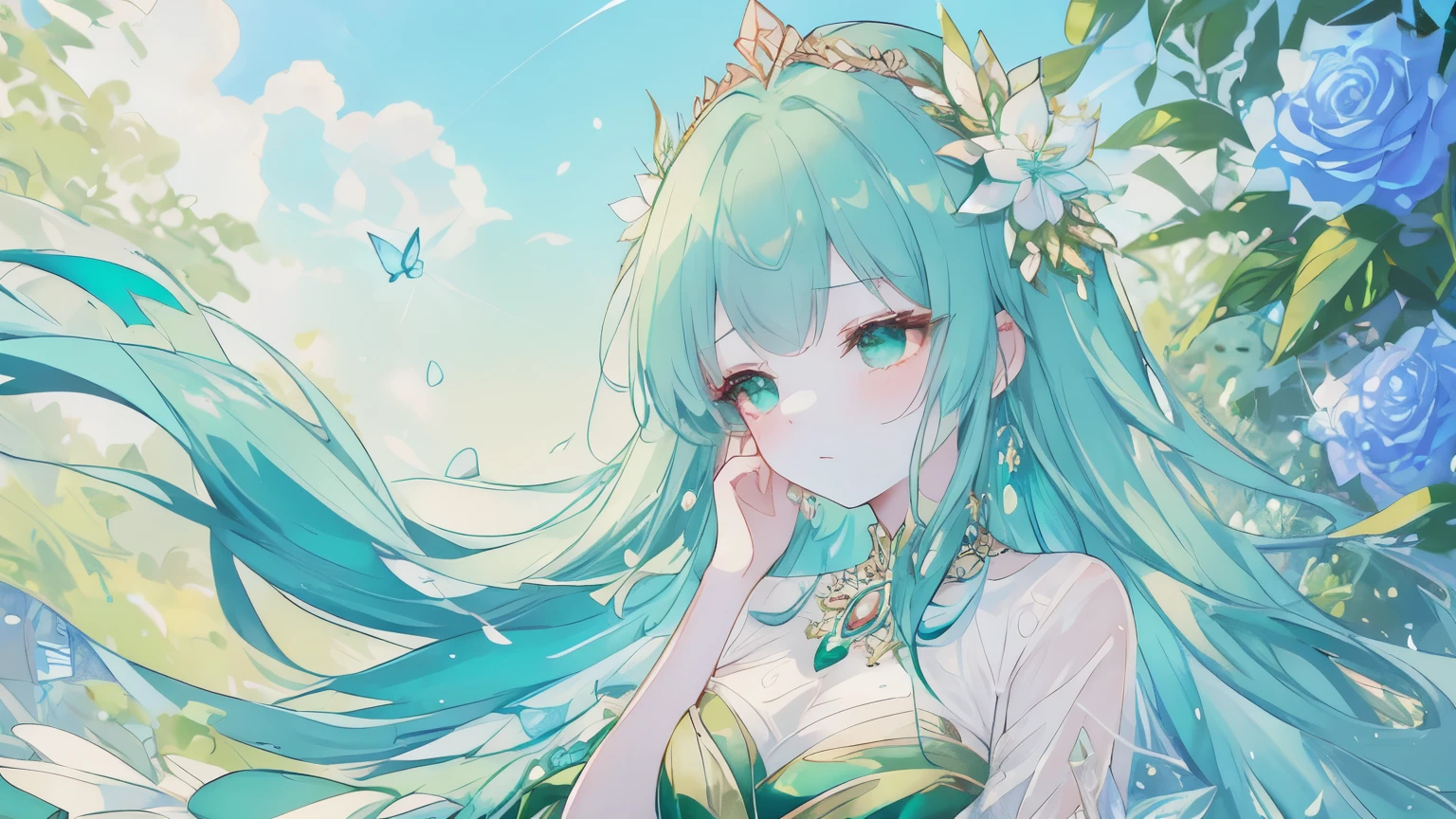Masterpiece, Best Quality, Top Quality, Very Detailed, A mesmerizing anime-style illustration of a nature-themed princess in an enchanted garden. She has flowing teal hair adorned with elegant emerald and gold accessories, resembling delicate leaves and gemstones. Her eyes shimmer like precious jewels, reflecting the sunlight filtering through the lush greenery. She wears an intricate gown in shades of blue and green, featuring floral patterns, gold accents, and gemstone embellishments that enhance her ethereal beauty. Soft petals and butterflies float around her as she gently touches her forehead in a thoughtful pose. The background is filled with cascading vines, blooming flowers, and a sunlit sky, creating a dreamlike, serene atmosphere.