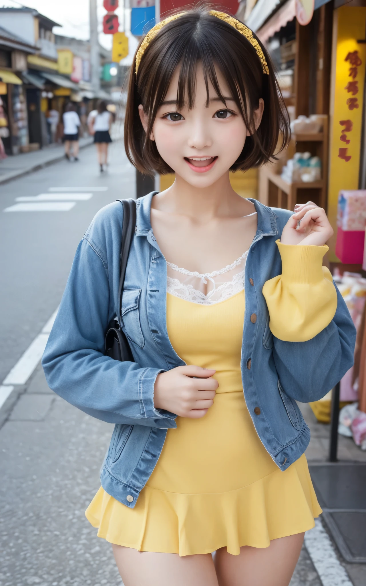 ((top quality)), ((masterpiece)), realistic images、other than the front、Very bright expression、Japanese Girl、 realistic image of the eye area 、Petite、 ish expression、、10age、bob hair、 black hair、 Slim、 body type、Breasts haven't developed、The chest does not expand、my chest isn't bulging、 body type、 Slim、Slimming、My bust isn't swollen、 ish expression、Real Face、Petite、yellow ta fashion clothes、 Long Sleeve、The bust doesn't swell、panties、miniskirt、I'm walking looking at the kiosks in the hot spring district、Bustling shopping street、They make manju、Stores that sell souvenirs,I'm walking very happy、I'm laughing with my mouth open、is sticking out his tongue、