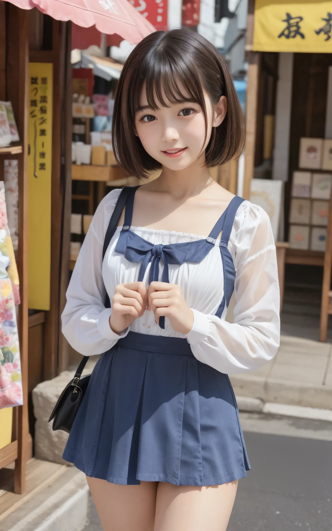 ((top quality)), ((masterpiece)), realistic images、Japanese Girl、 realistic image of the eye area 、Petite、 ish expression、、10age、bob hair、 black hair、 Slim、 body type、Breasts haven't developed、My bust isn't swollen、 ish expression、Real Face、Petite、yellow ta fashion clothes、 Long Sleeve、The bust doesn't swell、panties、miniskirt、I'm walking looking at the kiosks in the hot spring district、Bustling shopping street、They make manju、Stores that sell souvenirs,I'm walking very happy、I'm laughing with my mouth open、is sticking out his tongue、