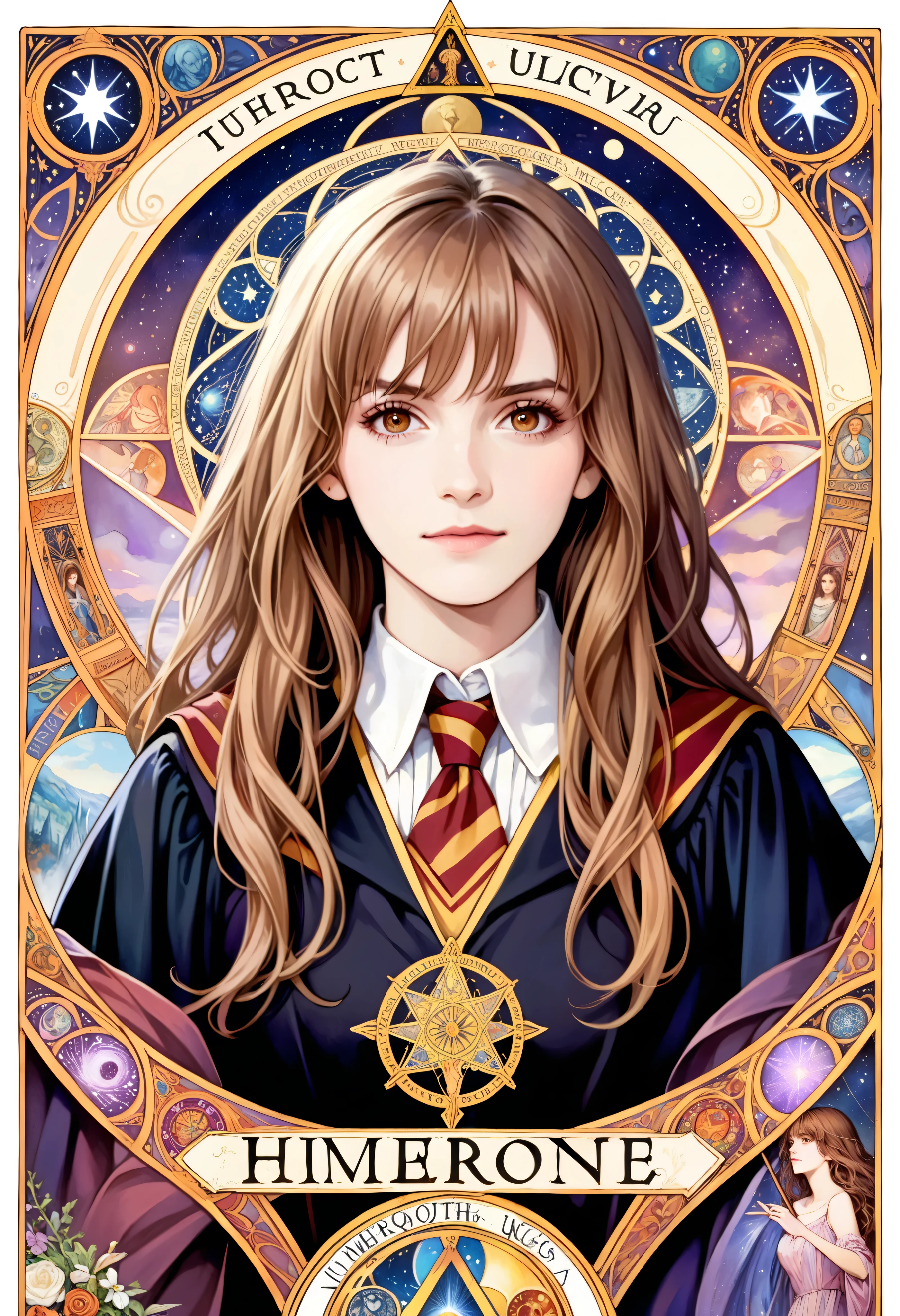 (absurdres, highres, ultra detailed), 1 Female, Brown hair, Brown eyes, Looking at the camera, Hermione Granger, Harry Potter, Finely detailed eyes and detailed face, \tarot\, Symbolism, Occult, Universal, Philosophical, Iconography, Numerology, Popularity, Artistic, Alfons Mucha