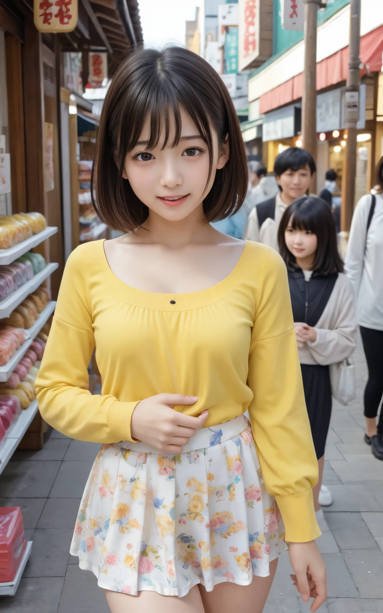 ((top quality)), ((masterpiece)), realistic images、Japanese Girl、 realistic image of the eye area 、Petite、 ish expression、、10age、bob hair、 black hair、 Slim、 body type、Breasts haven't developed、My bust isn't swollen、 ish expression、Real Face、Petite、yellow ta fashion clothes、 Long Sleeve、The bust doesn't swell、panties、miniskirt、I'm walking looking at the kiosks in the hot spring district、Bustling shopping street、They make manju、Stores that sell souvenirs,I'm walking very happy、I'm laughing with my mouth open、is sticking out his tongue、