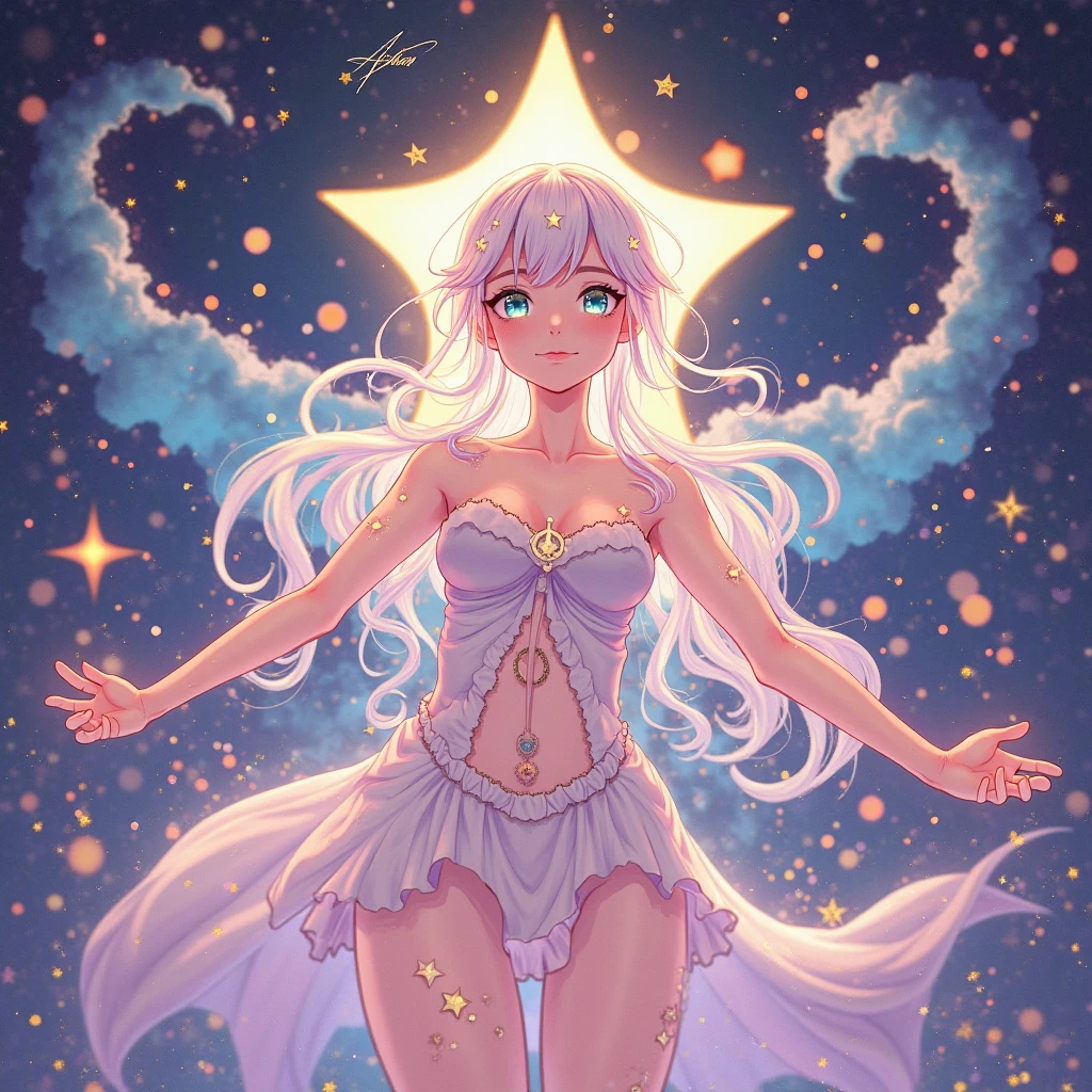 a beautiful 20 year old blonde woman with big messy hair, laying on a fluffy cloud in the sky, fluffy clouds cover her nude body, with glowing moon and twinkling stars, with a small cityscape below, fantasy art style, rossdraws cartoon vibrant , cute detailed digital art, colorfull digital fantasy art, digital fantasy art ), glossy digital painting, rossdraws pastel vibrant, rossdraws 2. 5, rossdraws 1. 0