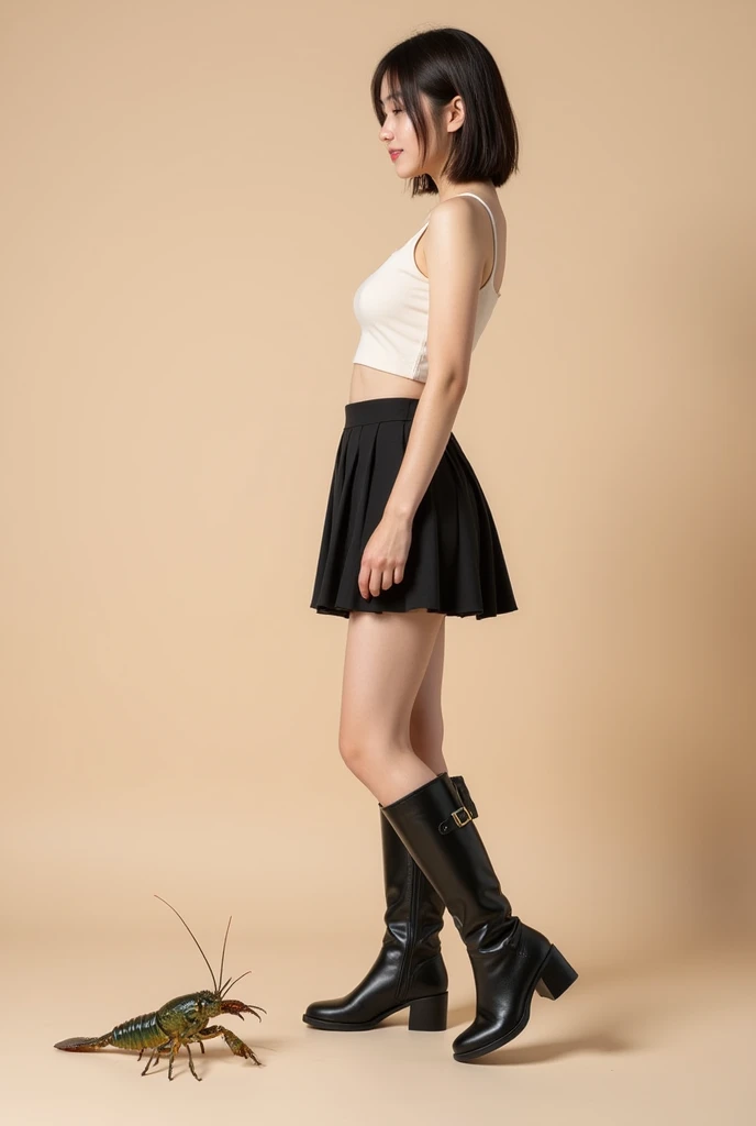 (8k、RAW Photos、Highest quality、masterpiece:1.2)、(Realistic、Realistic)、1 Girl、((mini skirt、Bodysuits、black and white tube top、boots、garden、View from the front、Looking at the camera、belt、Hands on your hips))、cute
