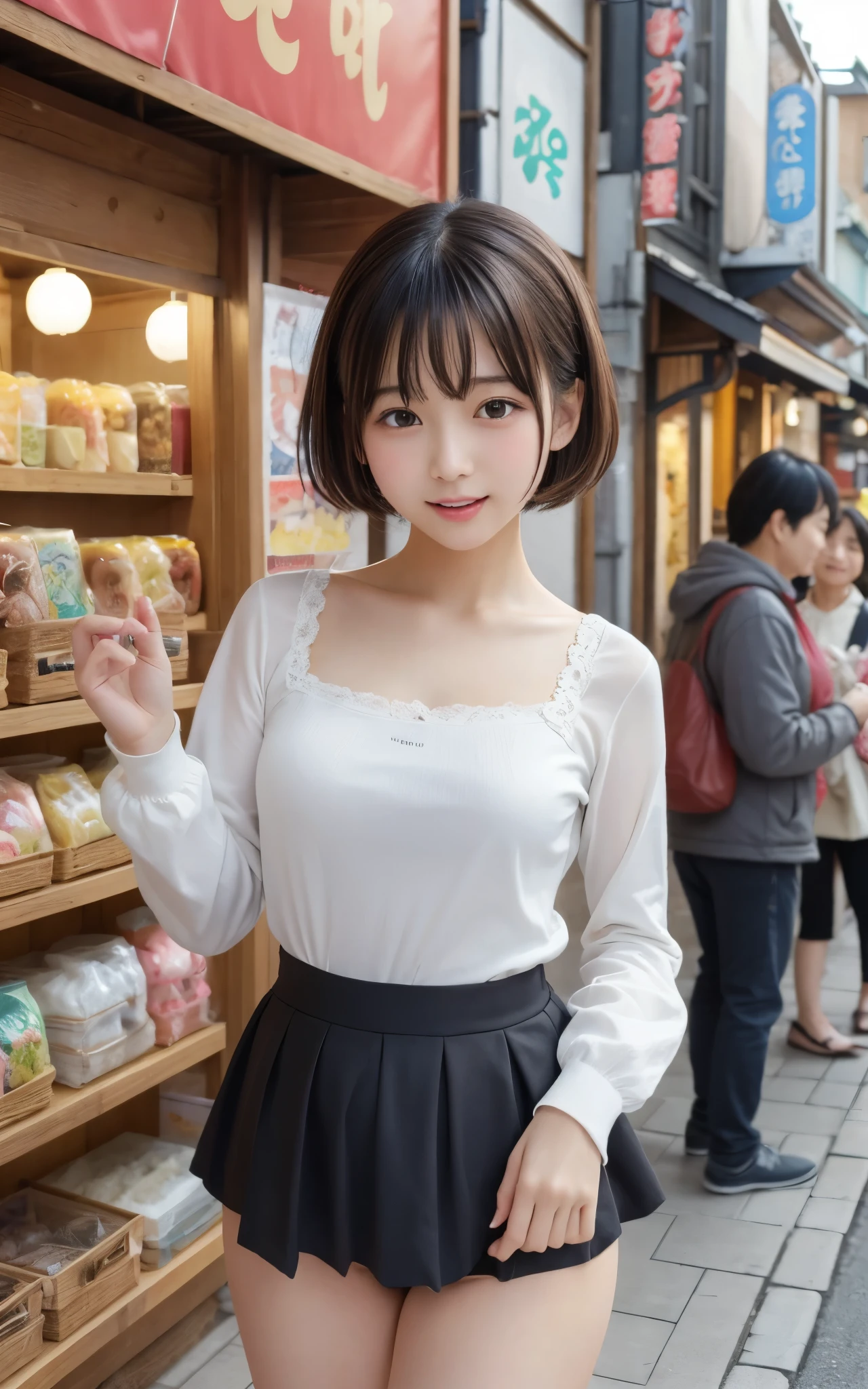 ((top quality)), ((masterpiece)), realistic images、Japanese Girl、 realistic image of the eye area 、Petite、 ish expression、、１０age、bob hair、 black hair、 Slim、 body type、Breasts haven't developed、My bust isn't swollen、 ish expression、Real Face、Petite、yellow ta fashion clothes、 Long Sleeve、The bust doesn't swell、panties、miniskirt、I'm walking looking at the kiosks in the hot spring district、Bustling shopping street、They make manju、Stores that sell souvenirs,I'm walking very happy、I'm laughing with my mouth open、is sticking out his tongue、
