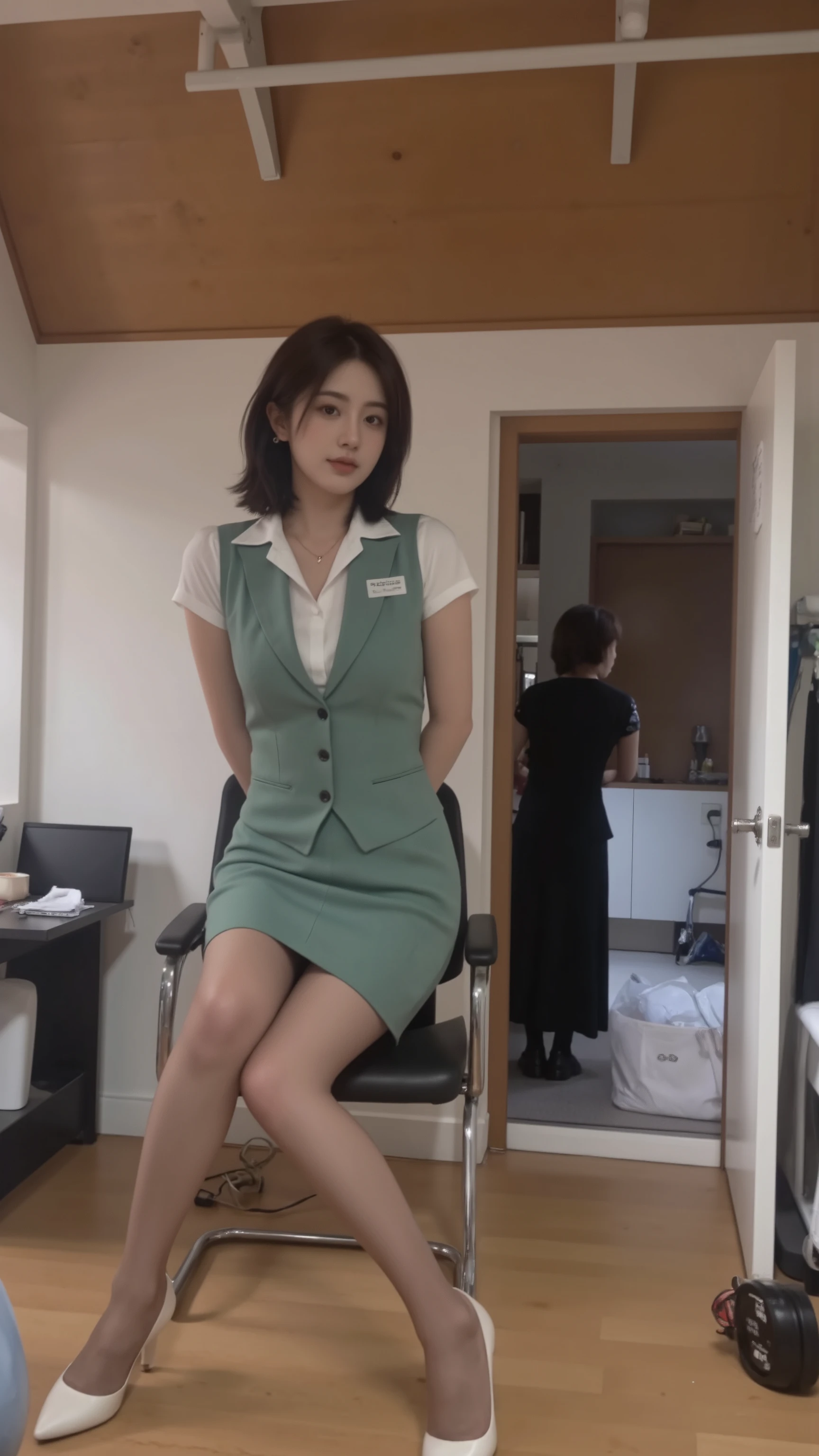 beautiful Japanese woman, 1 woman、Age 35, (blue-green office clothes vest plus blue-green mini pencil skirt、I'm wearing a white short-sleeved blouse:1.5)、I'm sitting on a chair with my hands folded behind my back、shiny coffee colored pantyhose、Panties not worn、pubic hair is visible、（full body shot from top of head to toe:1.5）、perfect anatomy,  healthy thighs, beautiful legs, beautiful skin, White Enamel Pointed Toe Heels、Name tag on left chest、 jewelry necklace 、anklet、black hair medium bob cut,  (top quality, 4K, 8k, High Resolution, masterpiece:1.3), (in white for summer very detailed:1.2), NSFW