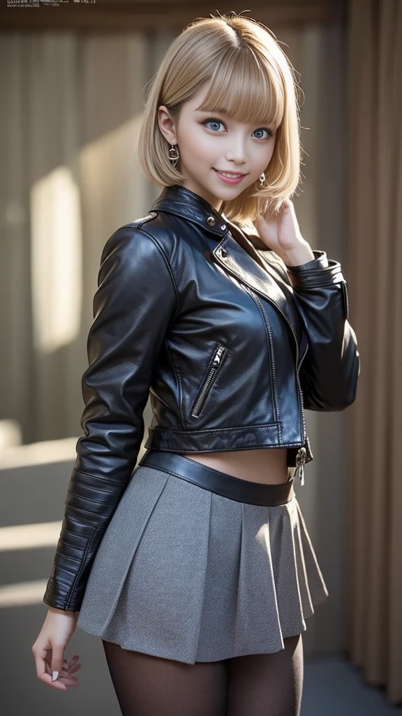 Female in her 20s, back-view, blueish grey hair, (Photorealistic:1.4), nape, sexy ass, Spread your hips apart, hip close-up, leather jacket, (angle from below:1.5)