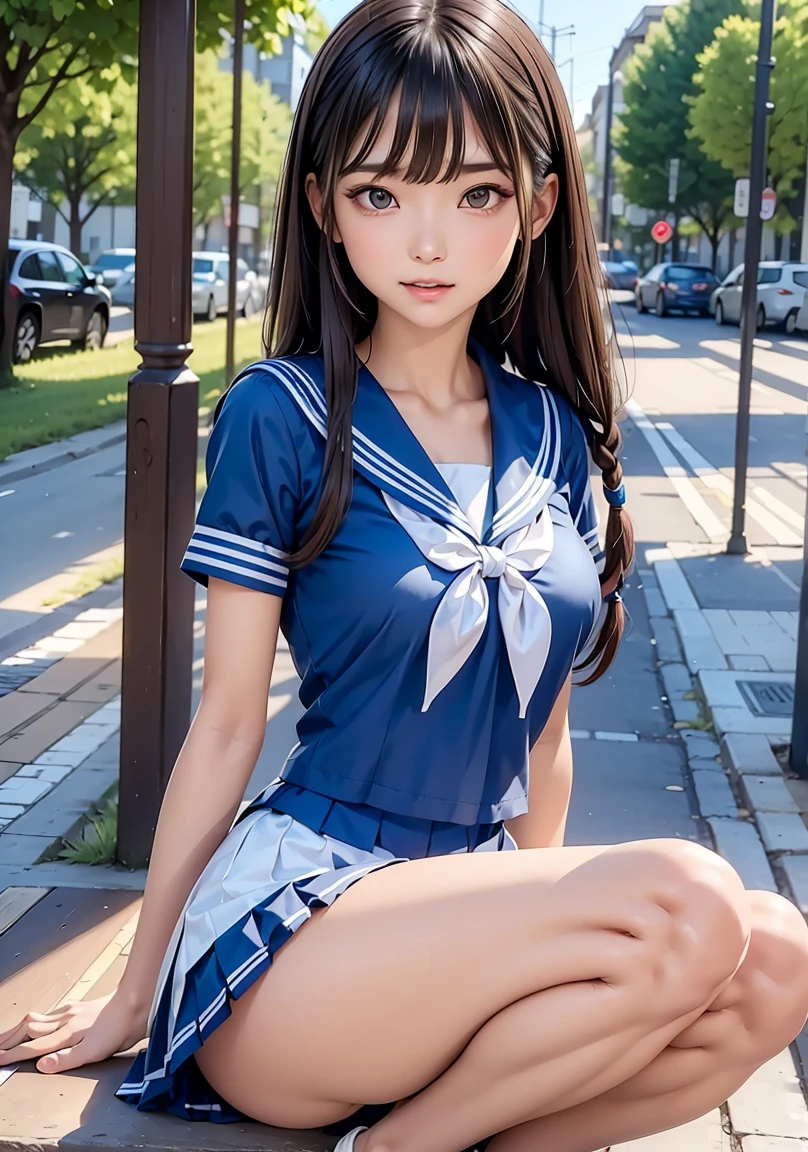 (masterpiece)、(best qualtiy)、(ultra-detailliert)、(a high chroma)、((Anatomically correct hand))、detailed skins、foco nítido、(Delicate Photos)、highcontrast、(One lady)、(Fine and beautiful eyes)、Delicate beautiful face、((a sailor suit))、((Dark blue pleated skirt、Blue sailor color))、((Black stockings))、(dishevled hair)、(B cup breasts)、sit with your legs spread、Fashion Model Pose、Floating in the air、((The best lighting))、simple background