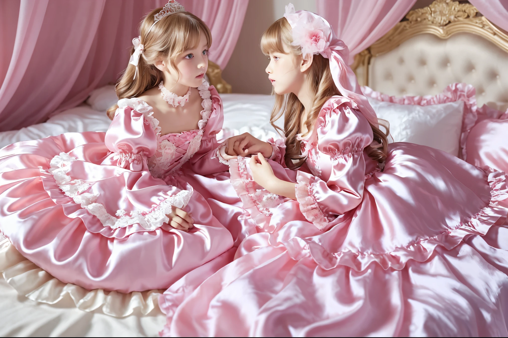 ,highest quality, masterpiece, highest resolution, artwork, super それにget used to it, many get used to it, get used to it, それにget used to it, 3K realistic photos,,((10 year old girl)),Super detailed baby face,the two girls are princesses,Full length ball gown dress with hoop skirt,ruffle yoke collar,puff sleeves,long sleeve,((ta style hot pink detailed princess satin dress、Comes with lots of frills and ribbons。)),colorful rococo fashion,shiny satin dress,Soft and smooth fabric,luxury,long blonde hair,blue eyes,white skin european,pajamas,((inside the palace)),,,(( of 10 yuper detailed baby face,Full length ball gown dress with hoop skirt,long skirt,ruffle yoke collar,puff sleeves,腰まで伸びるlong blonde hair,blue eyes,white skin european,pajamas,((inside the palace bedroom)),シルクサテンのluxuryなcanopy bedの上,canopy bed,Luxurious curtains on both sides of the bed,many frilly pillows on the bed,super detailed background,Detailed bed,romantic atmosphere,two little princesses on the bed,Two people are hugging each other,((((Both legs are hidden in the dress)))),the dress is spread out on the bed,soft silk satin comforter,soft silk satin ruffled pillow,Beautiful girl illustration,detailed beautiful face detailed hair,detailed human eye ,detailed mouth, arm details,fine hands,Detailed pillow,