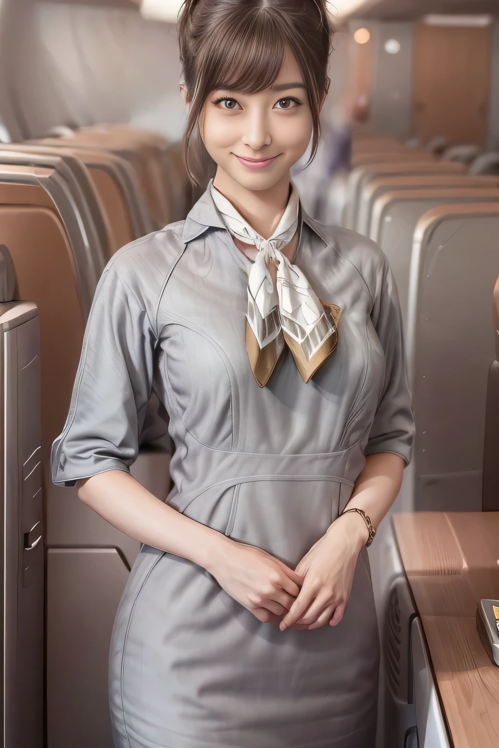 (masterpiece:1.2, best quality:1.2), 32kHDR, High Resolution, (alone、1 girl)、（Starlux Flight Attendant Uniforms）、 (At the airport counter, professional lighting)、A proper woman, beautiful face,、（Starlux Flight Attendant Uniforms Short Sleeve）、（Starlux Flight Attendant Uniforms）、（Scarf on chest）、Big Breasts、（long hair、hair bun）、dark brown hair、 long hit 、（（ amazing hands：2.0）），（（A harmonious body shape：1.5）），（（Normal limbs：2.0）），（（Usually refers to：2.0）），（（Normal eyes：2.0））)、Beautiful position、earrings、smile、Hands crossed underneath  
