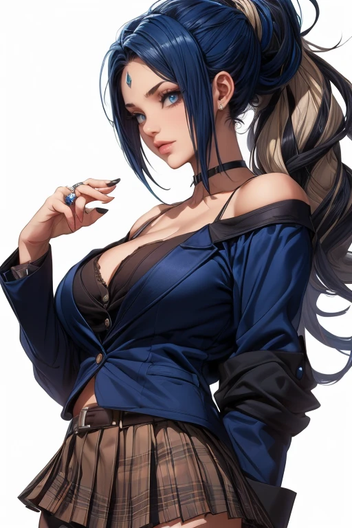 (anime style),masterpiece, best quality, ultra-detailed, glistening shiny, glowing light, ray tracing, HDR, deph of field, (perfect face, detailed face, detailed eyes), big breast, big butt, big thighs, mature woman, 8k,HD,ultra realistic face, ray tracing,perfect lighting,best quality, ultra-detailed, shiny eyes, (looking at viewer,sensual smile kiss:1.1), ((1girl)), (gyaru, mature female:1.4), hourglass_body shape, marin,long hair,((black gradient hair)), multicolored eyes, gradient eyes, (glowing eyes:1.1), (fashion make up), parted lips, short skirt, short shirt, jewelry, earrings, necktie, choker, grin, bracelet, plaid,black choker, plaid pants, piercing, ear piercing, bright pupils,tied shirt, bead bracelet,white background