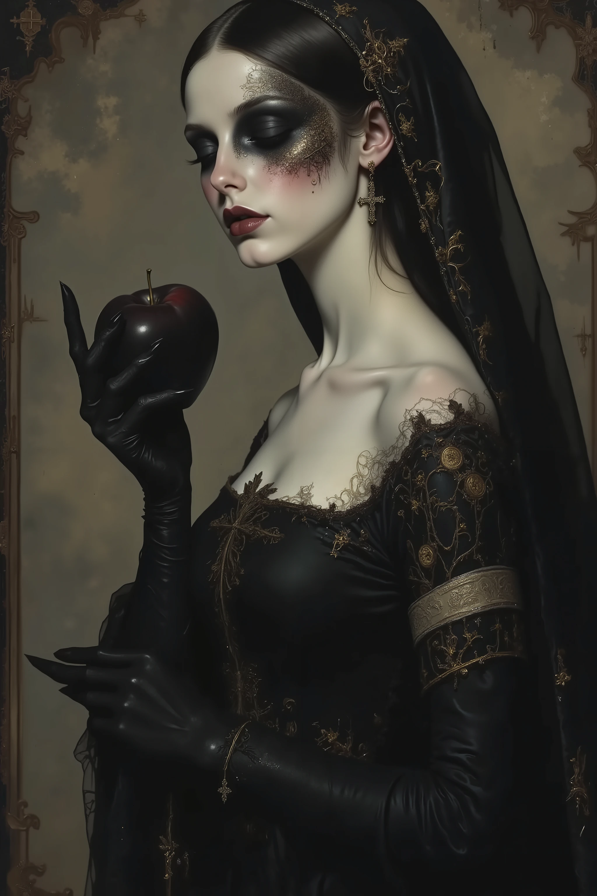 ((kissing black apple:1.5)),side view,fashion photography portrait,1 girl, solo,(closed eyes:1.3),feminine,award winning photograph, photorealistic,beautiful black eyes, sexy,wearing nun costume,cross earning ,Thick black lips,depression,black hair,red cheeks,long straight hair,black opera length gloves