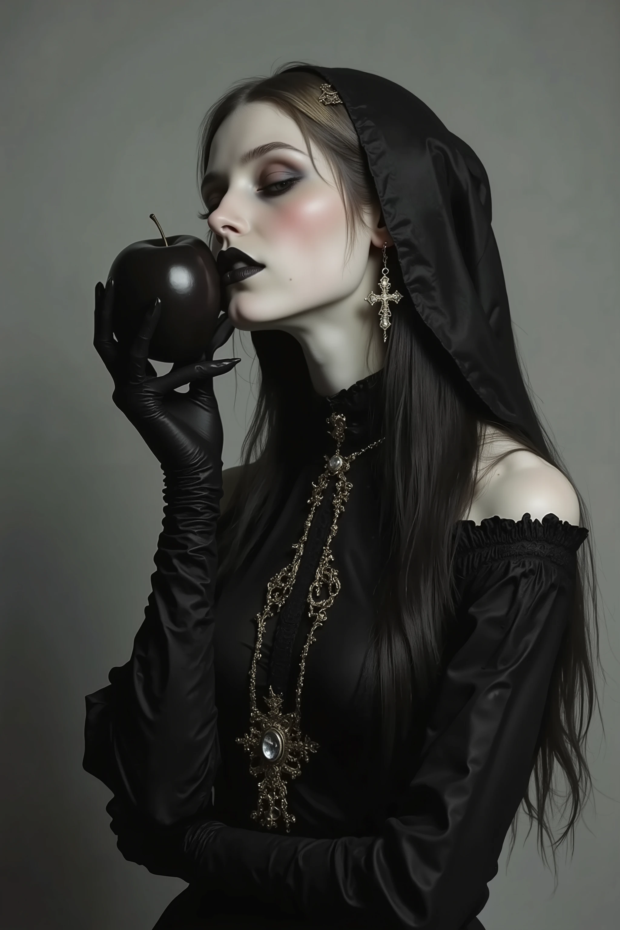 ((kissing black apple:1.5)),side view,fashion photography portrait,1 girl, solo,(closed eyes:1.3),feminine,award winning photograph, photorealistic,beautiful black eyes, sexy,wearing nun costume,cross earning ,thick black lips,depression,black hair,red cheeks,long straight hair,pale skin,black opera length gloves