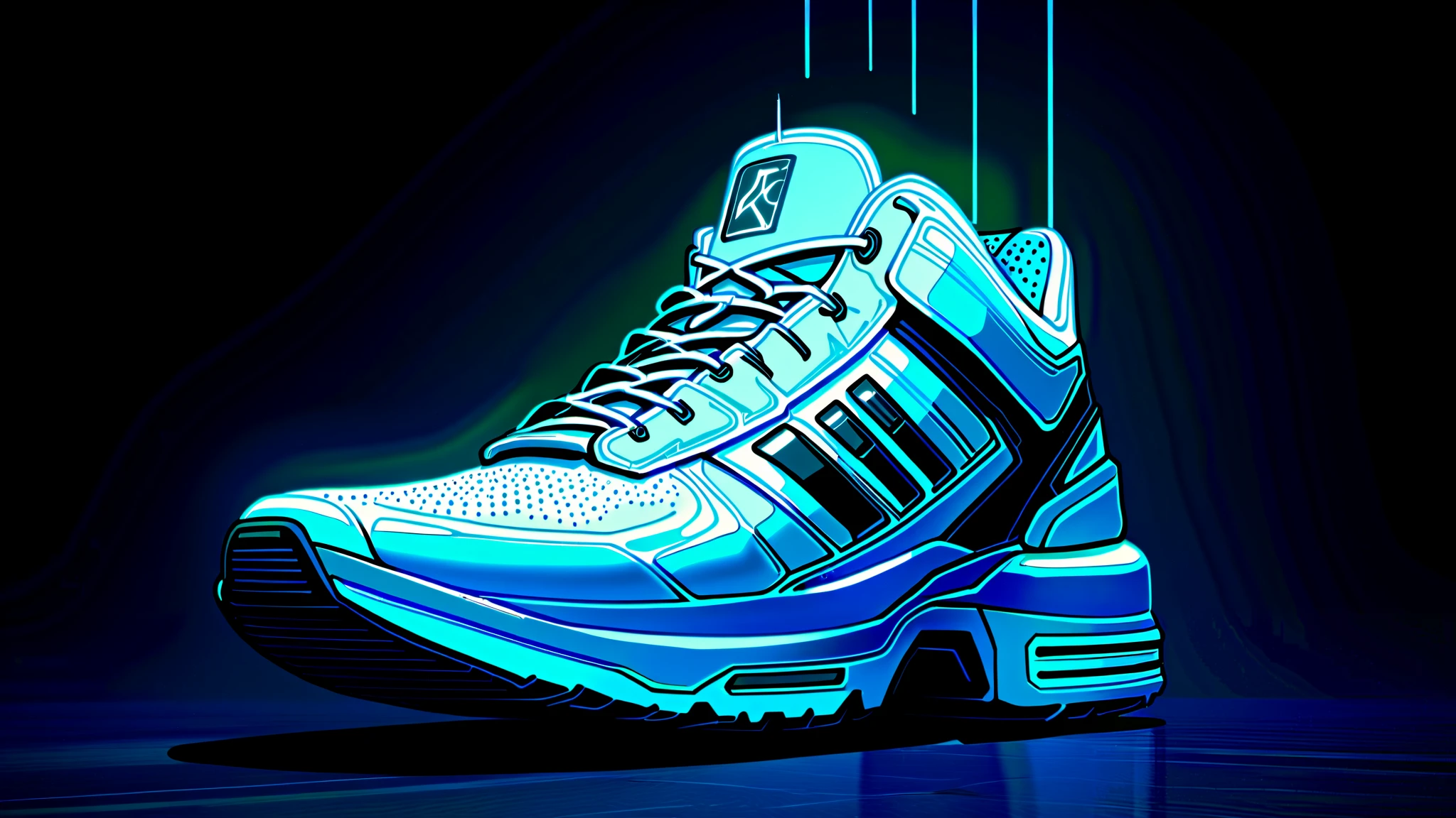 A close-up of a stylish white sneaker with a thick sole, featuring a sleek green stripe and glowing neon light accents. The sneaker is illuminated by a dramatic spotlight, making it the central focus against a completely black background. The neon lines emit a futuristic glow, enhancing the high-tech aesthetic. The sneaker appears to be floating in the darkness, creating a powerful and inspiring visual. The atmosphere is moody and cinematic, emphasizing the contrast between the bright sneaker and the deep shadows.