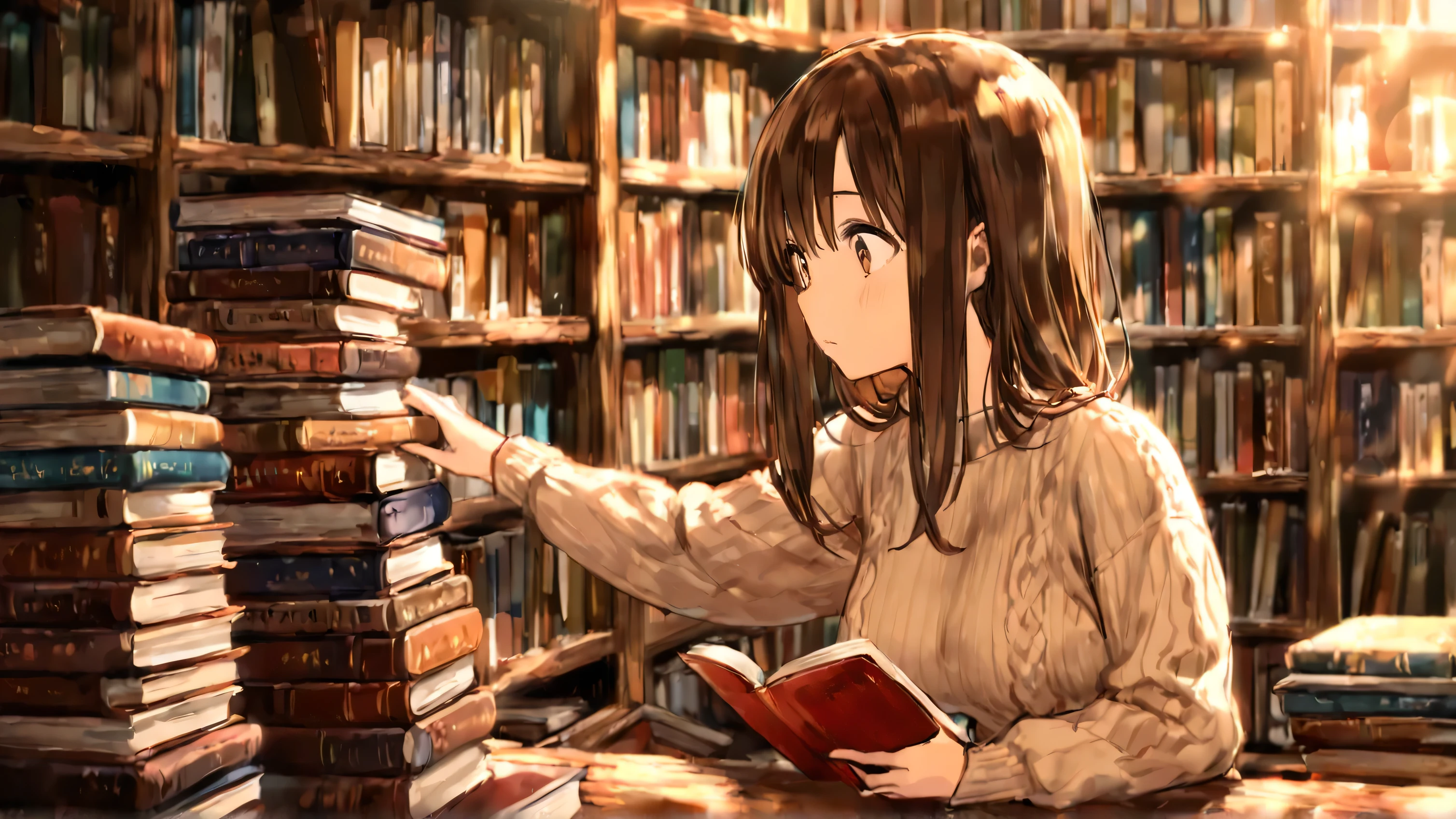 A young woman with shoulder-length brown hair, wearing a cozy sweater, sits at a wooden table surrounded by stacks of books. She looks confused and indecisive, her wide eyes scanning the titles. One hand is reaching out towards a book on a tall stack in front of her, while the other hand holds a different book close to her chest. Her posture suggests hesitation and deep thought. The background is a warm, softly lit bookstore or a cozy library with bookshelves filled with colorful books. The atmosphere is inviting and intellectual.