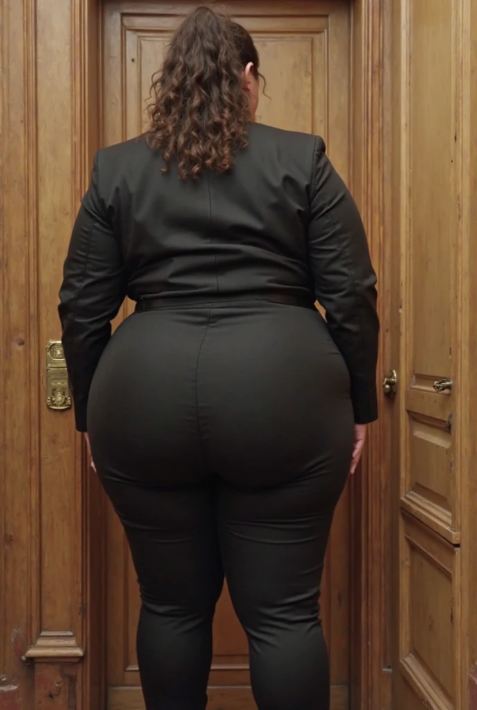 view from behind, huge butt, thick thighs, wide hips, slim waist, curvy Maxine Dupree secretary, MILF, Braided hair, Eyes aligned, smiling, very long straight hair, wearing a tight skirt, She will be wearing a striped blouse, thin waist, colossal breasts,